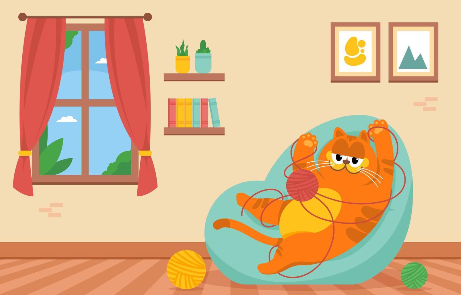 Orange Tabby Cat Playing Yarn Ball at Home vector
