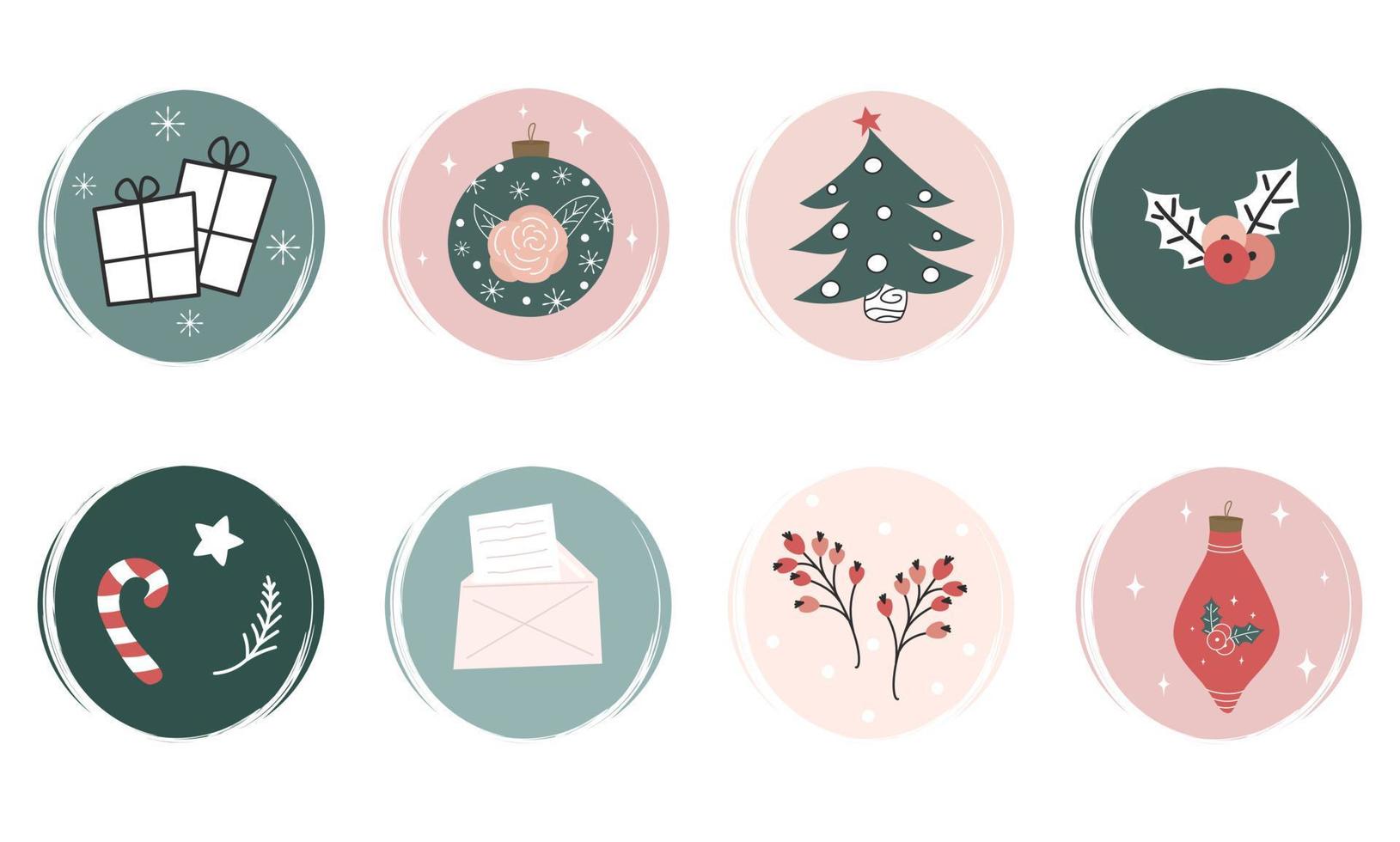 Vector set of colorful hand drawn logo design templates, icons and badges for social media highlight with cute christmas symbols