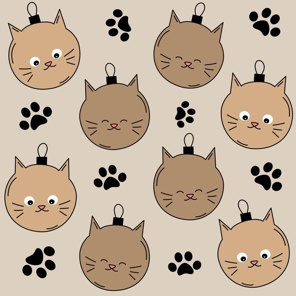Cute holidays seamless vector pattern background illustration with cartoon character cat baubles and paw prints