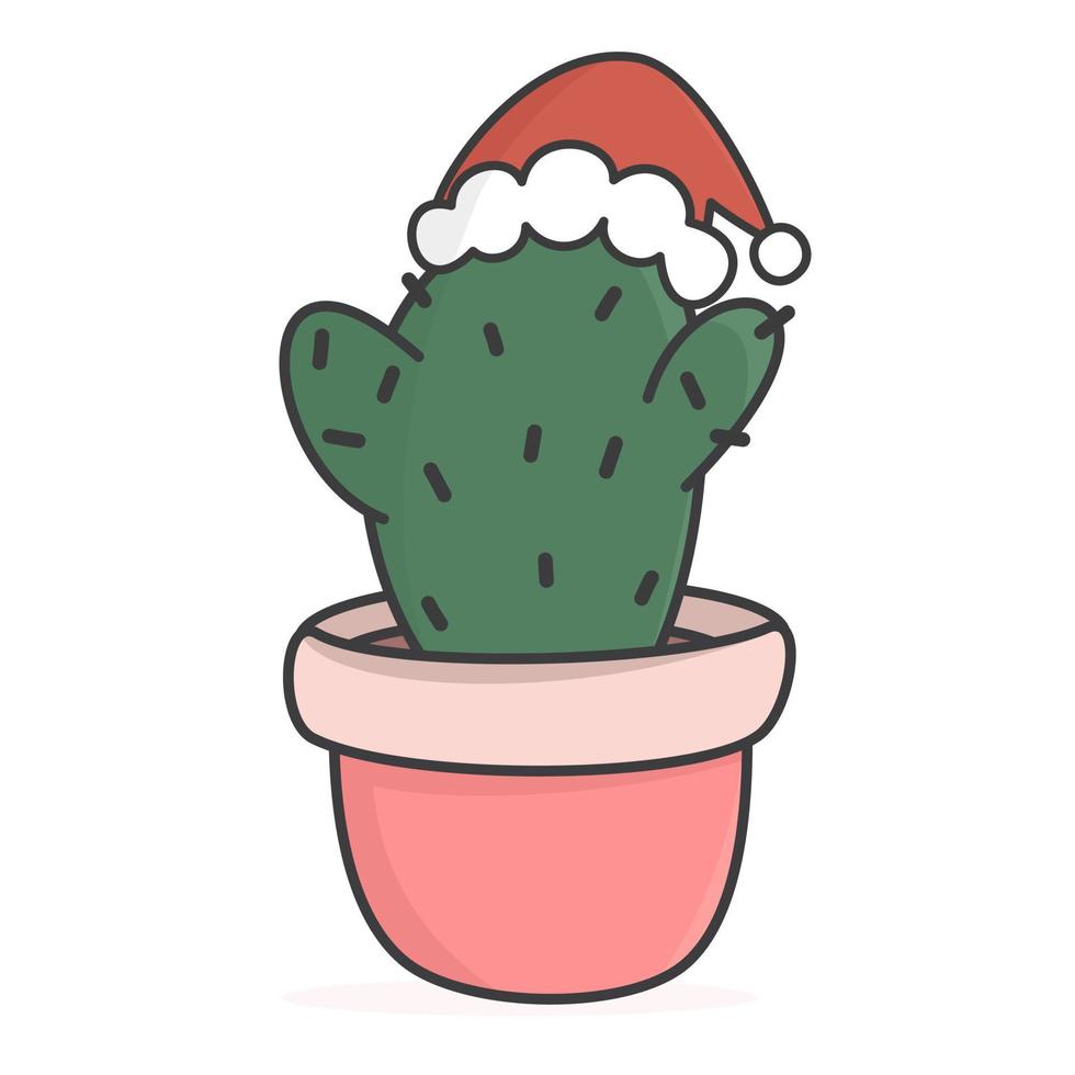 cute cartoon holidays vector illustration with christmas cactus with santa claus hat