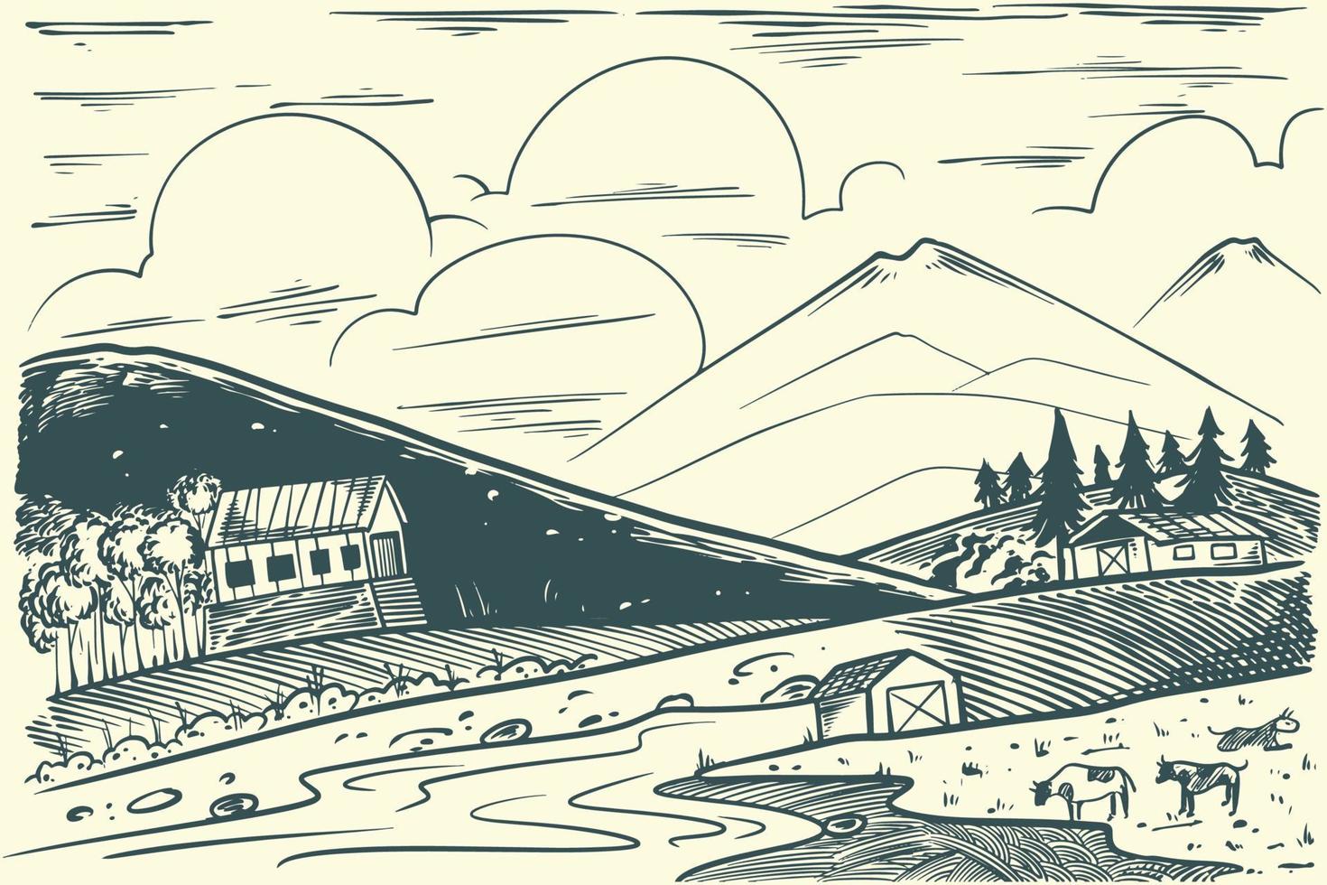 Hand drawing rural agriculture landscape in vintage scandinavian style vector