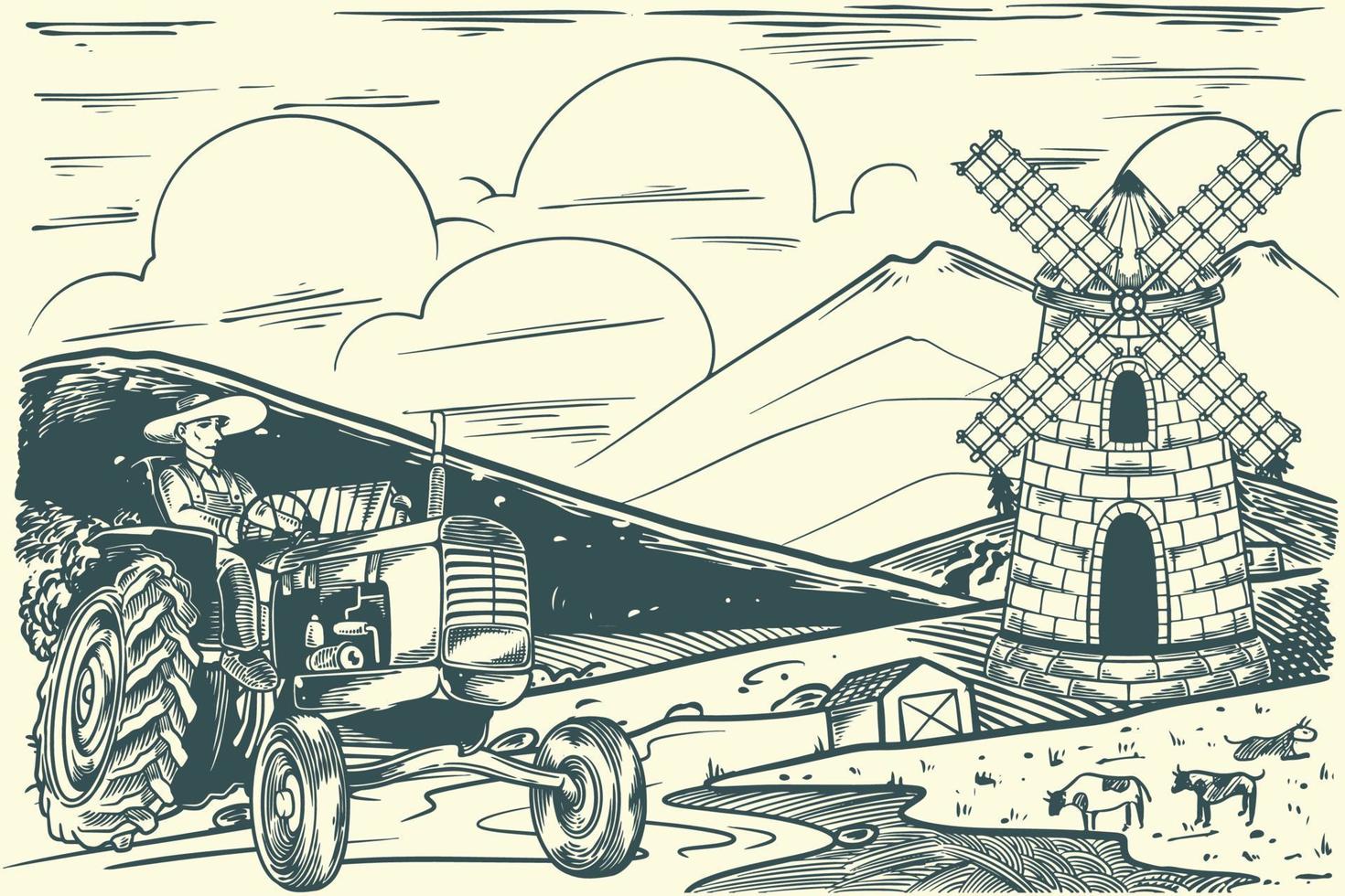 mano dibujo rural agricultura paisaje con molino y tractores vector