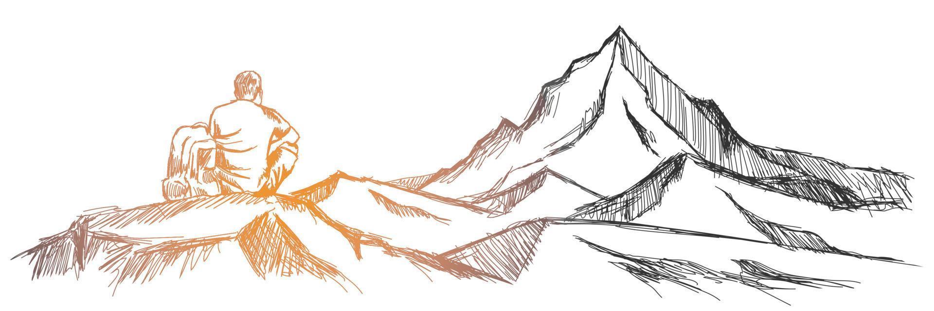Hiking man with rucksack in mountain in the morning vector