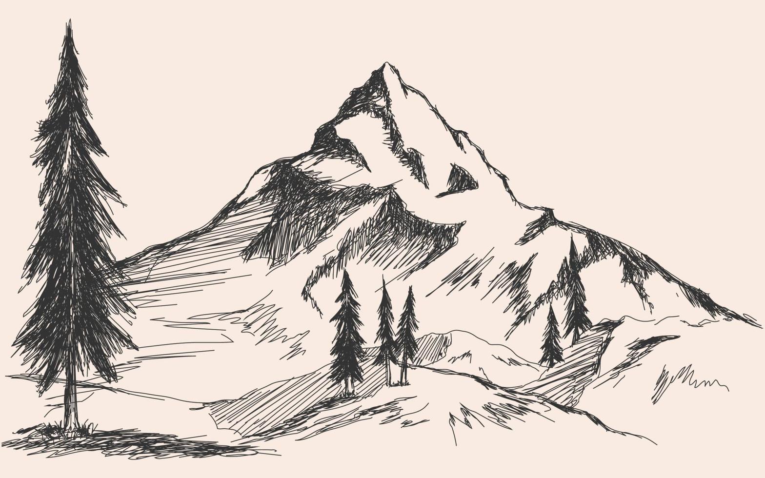 Hand drawn sketch of pine forest and mountains. Vector background