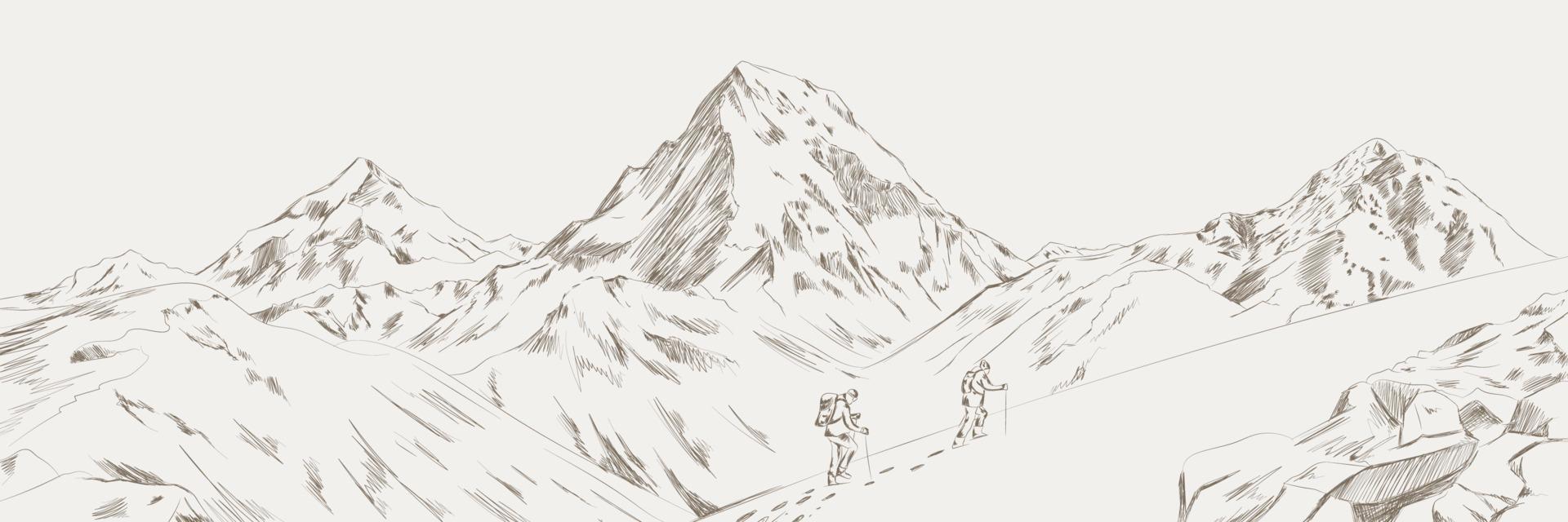 Mountain range climbers with backpacks walking through heavy snow in winter season, Climbing and mountaineering sport, hand drawn vector illustration. Mountain range vector illustration