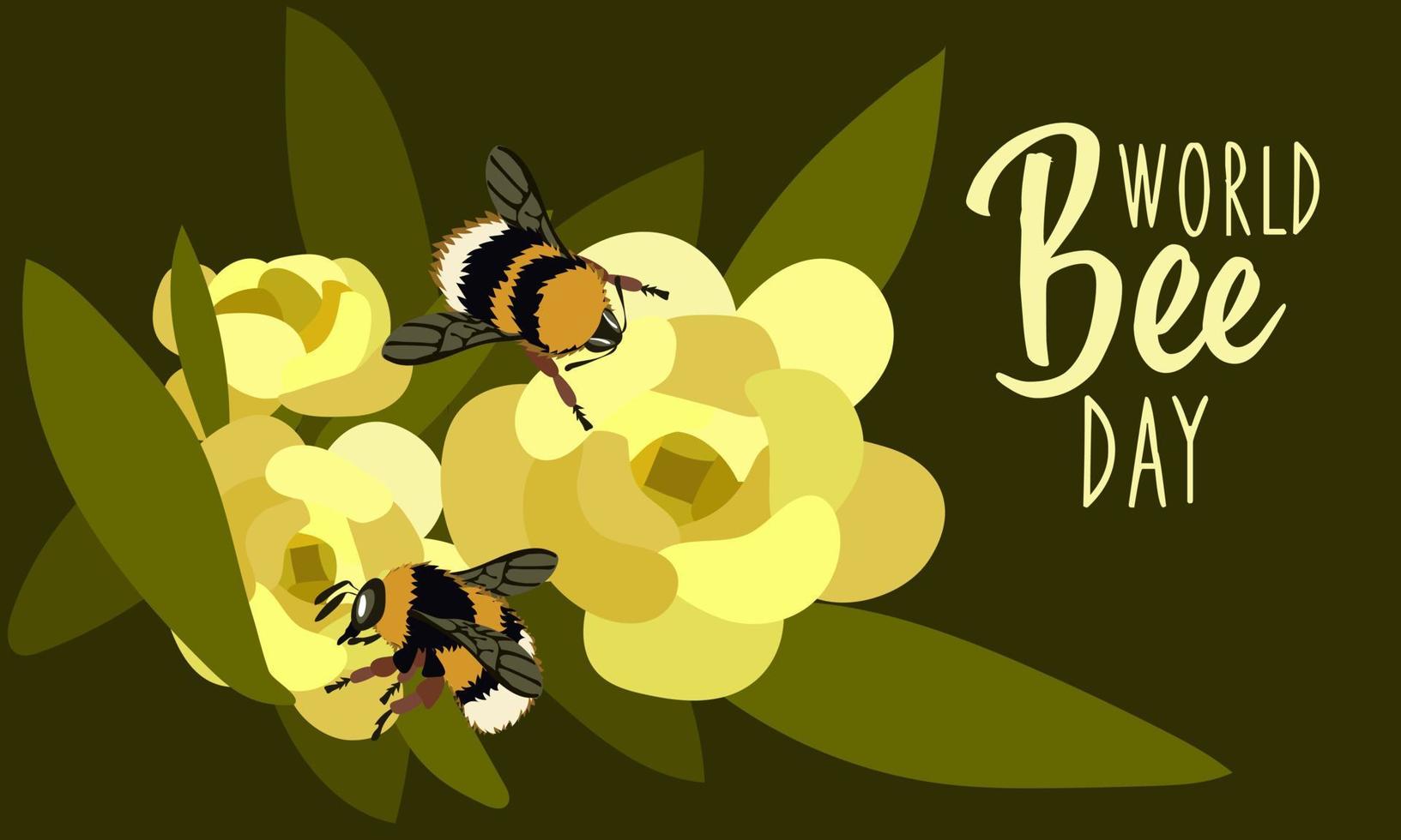 A banner for the World Bee Day with cute realistic bees crawling in flowers. Simple vector template for banner, poster, flyers, stickers, postcards. Cute fluffy bee on a flower