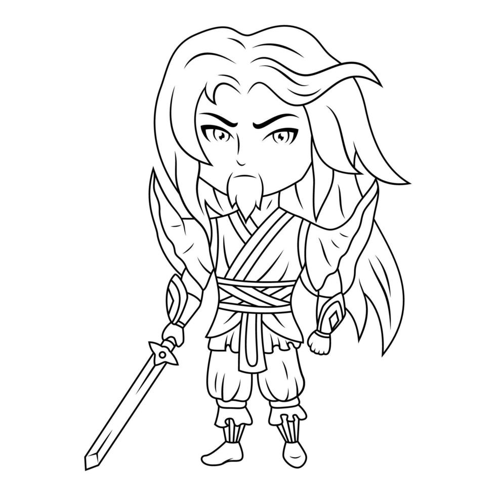 Susanoo god chibi mascot line art vector