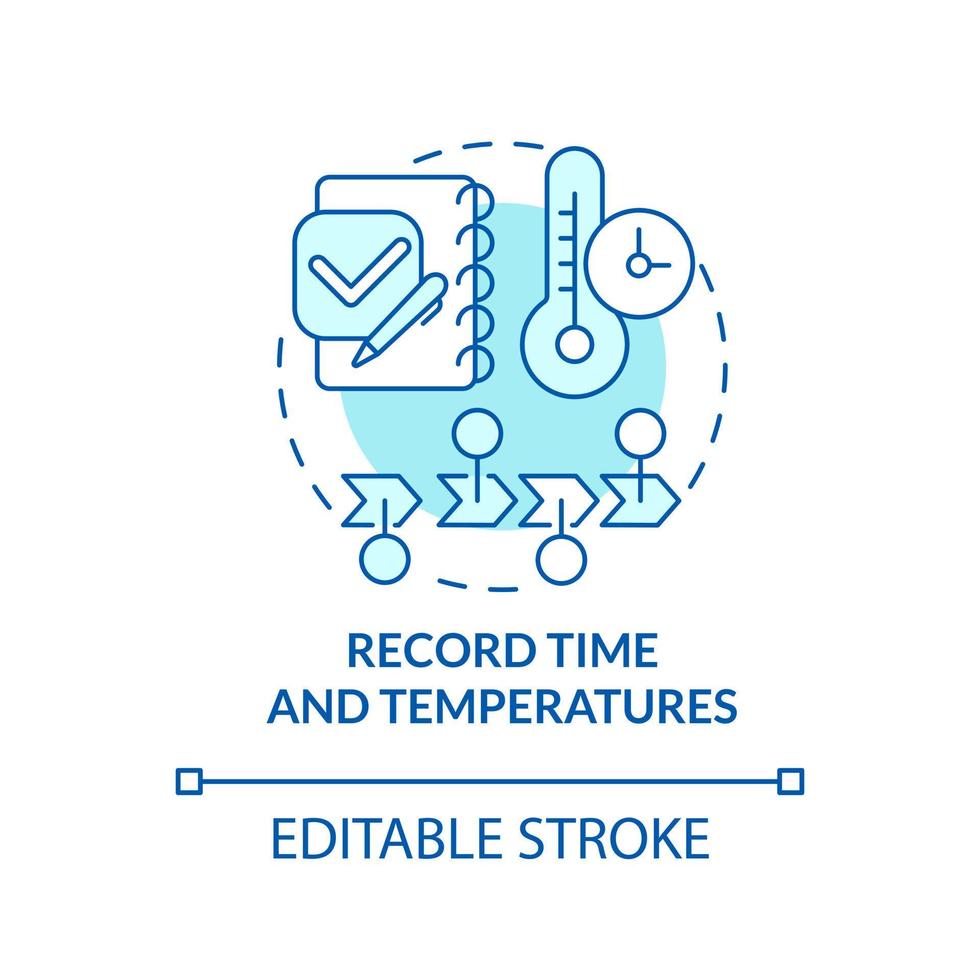 Record time and temperatures turquoise concept icon. Control work. HACCP on practice abstract idea thin line illustration. Isolated outline drawing. Editable stroke vector