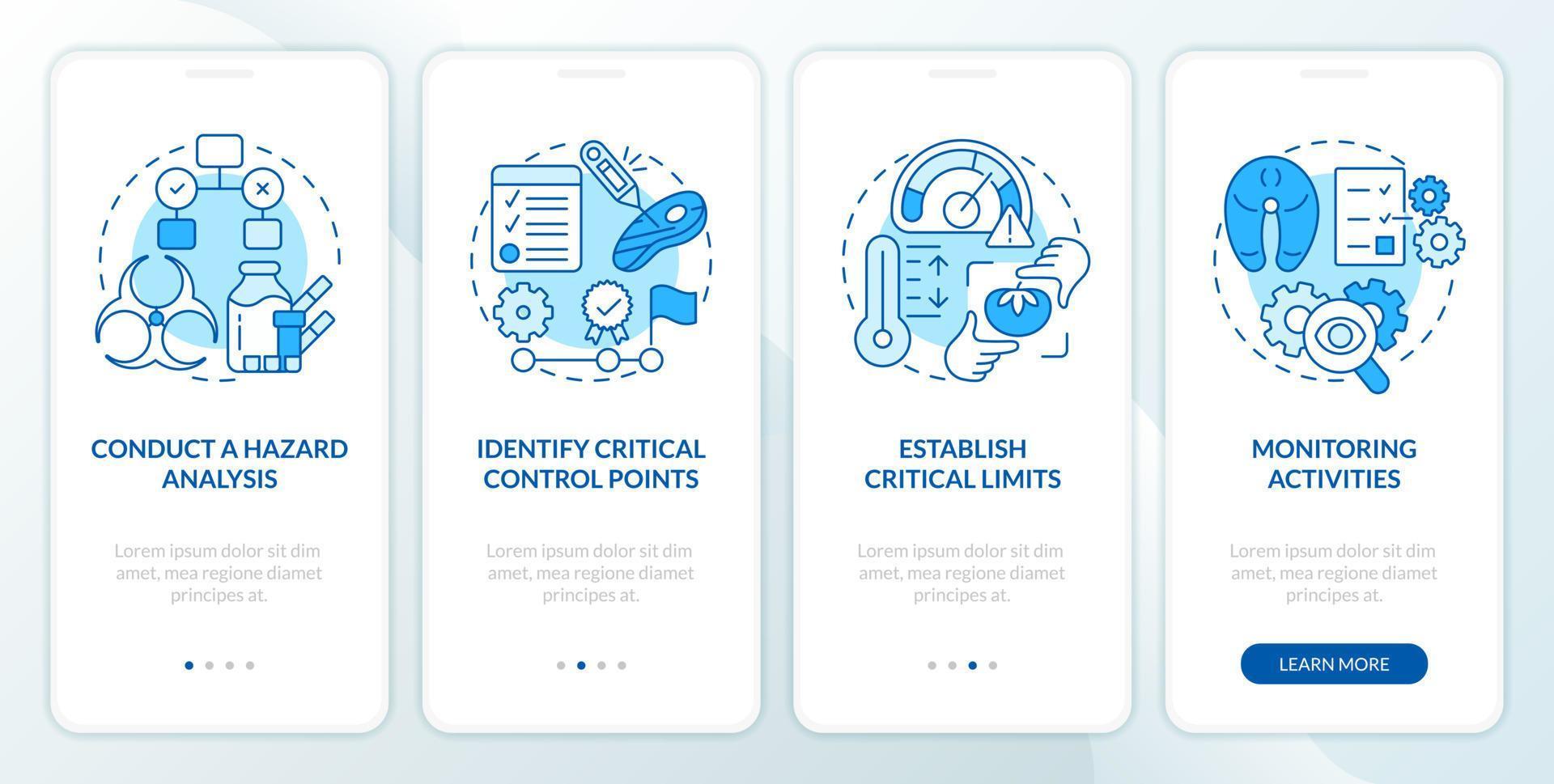 HACCP principles blue onboarding mobile app screen. Risks reducing walkthrough 4 steps editable graphic instructions with linear concepts. UI, UX, GUI template vector