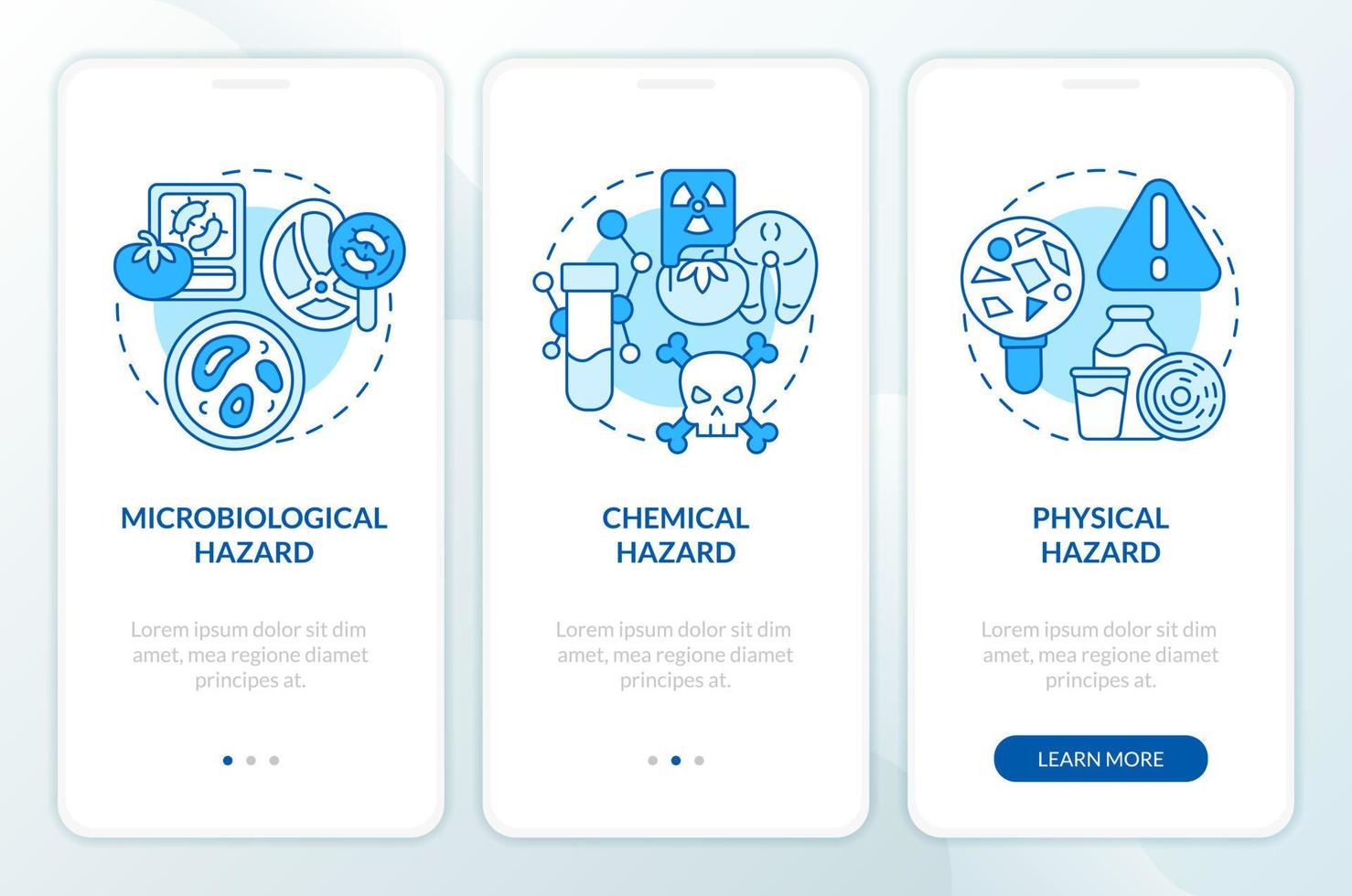 Food safety hazard blue onboarding mobile app screen. Health walkthrough 3 steps editable graphic instructions with linear concepts. UI, UX, GUI template vector