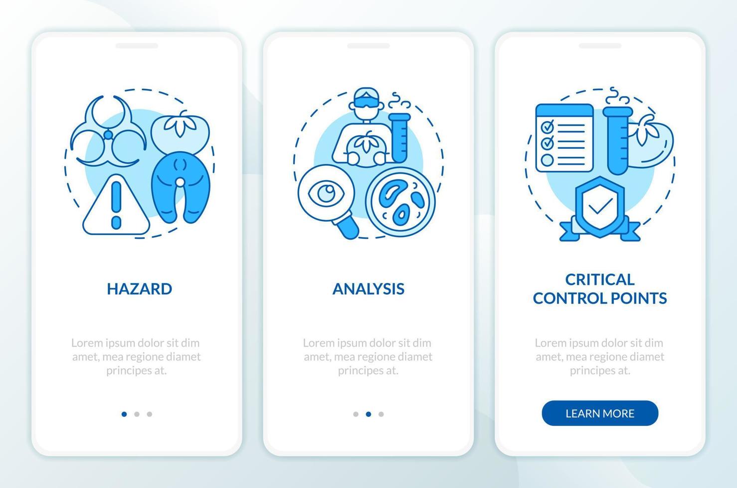 HACCP elements blue onboarding mobile app screen. Food safety walkthrough 3 steps editable graphic instructions with linear concepts. UI, UX, GUI template vector