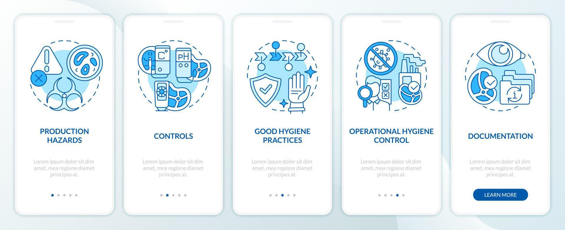 Planning approach to HACCP blue onboarding mobile app screen. Safety walkthrough 5 steps editable graphic instructions with linear concepts. UI, UX, GUI template vector