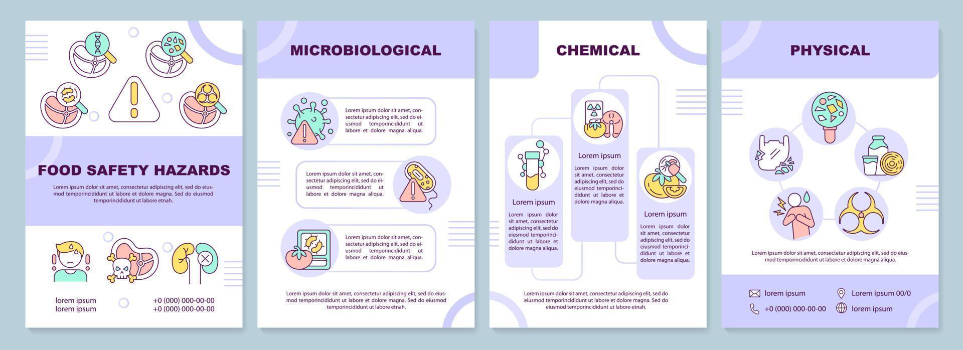 Food safety hazards purple brochure template. HACCP system. Leaflet design with linear icons. Editable 4 vector layouts for presentation, annual reports