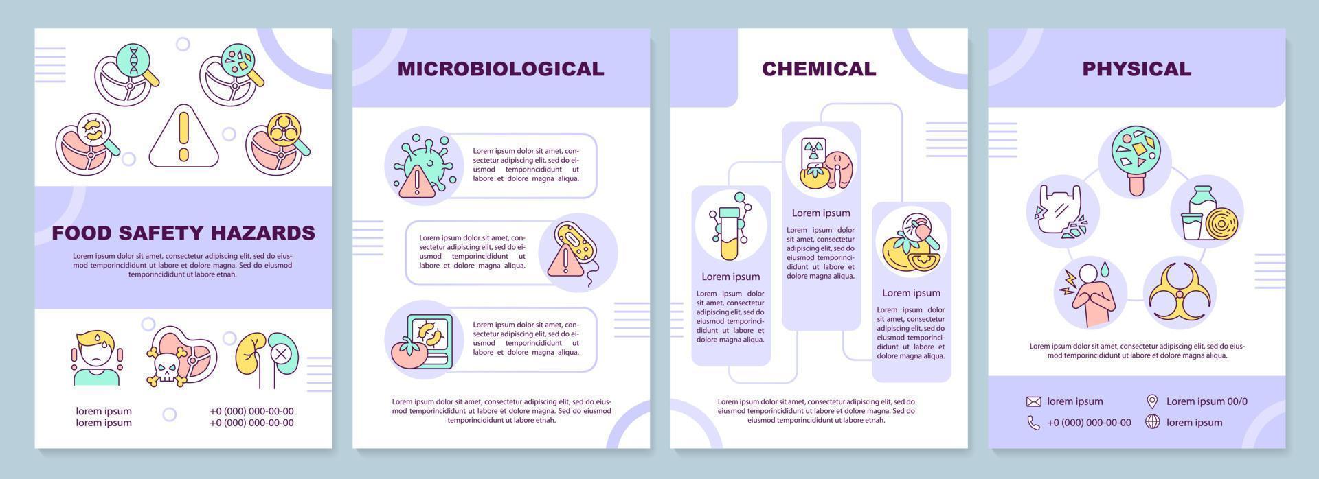 comida la seguridad riesgos púrpura folleto modelo. haccp sistema. folleto diseño con lineal iconos editable 4 4 vector diseños para presentación, anual informes