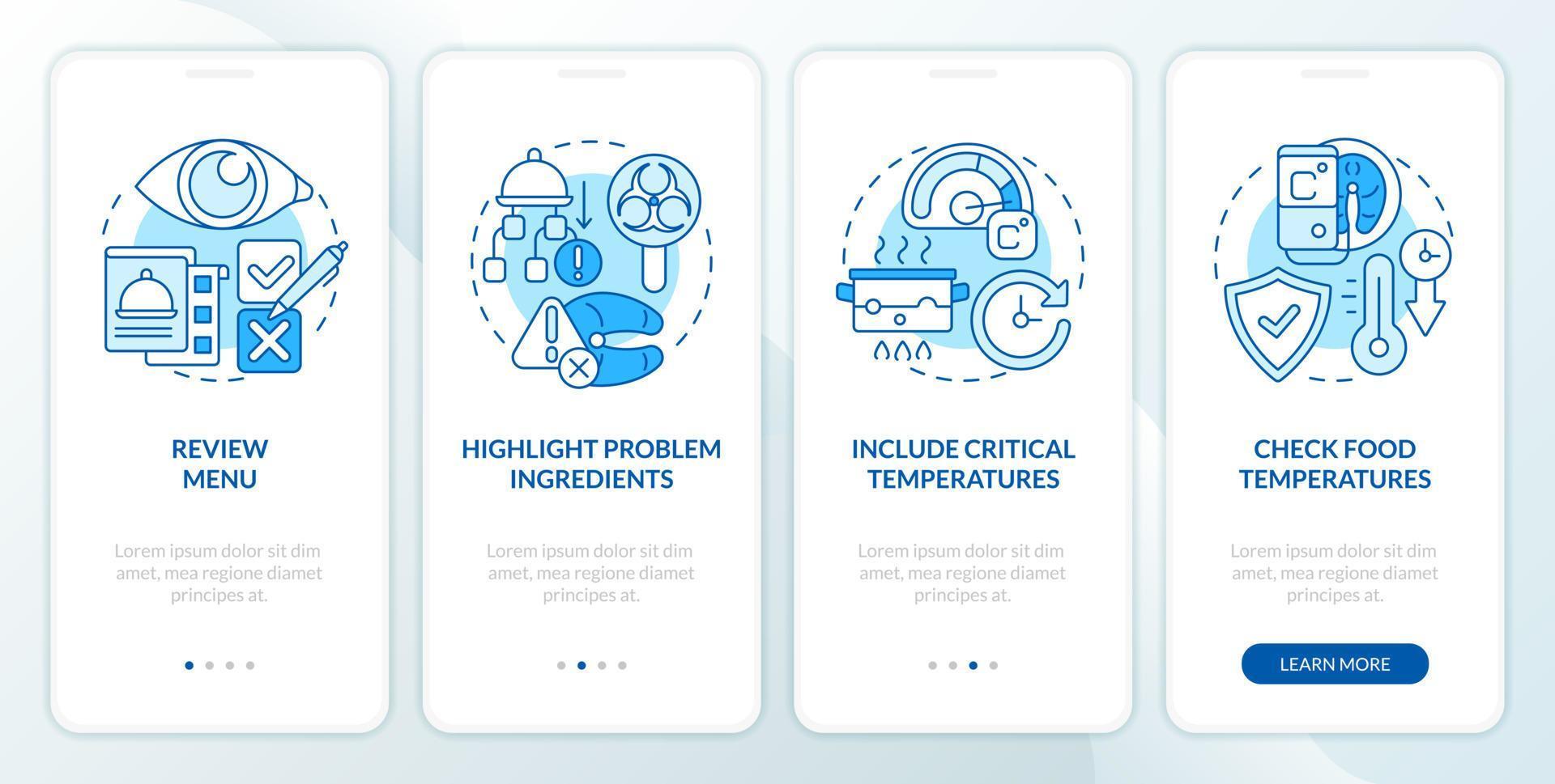 HACCP on practice blue onboarding mobile app screen. Risk analysis walkthrough 4 steps editable graphic instructions with linear concepts. UI, UX, GUI template vector