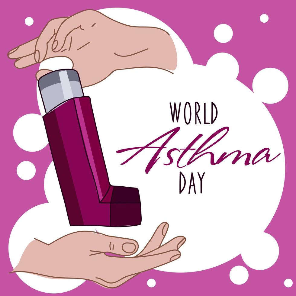 The concept of informing about the World Asthma Day with the help of an aerosol inhaler. The aerosol in your hands is a help. Day of Solidarity with Diseases. Vector illustration. Printing a banner.