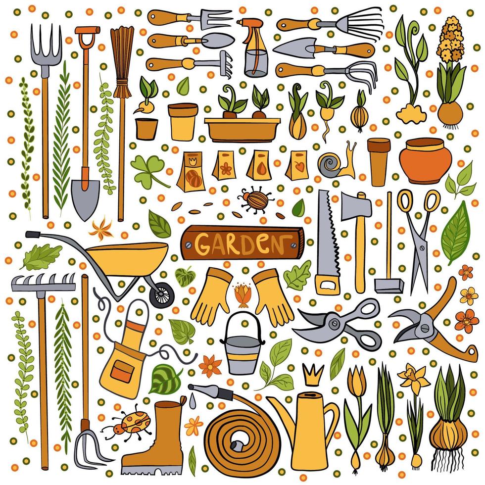 Cartoon gardening pattern. Garden tools icon or pictogram. Garden maintenance logo. Rake, lawnmower, shovel, pruning knife, secateurs, watering can, wheelbarrow and ax. Gardener, garden banner vector