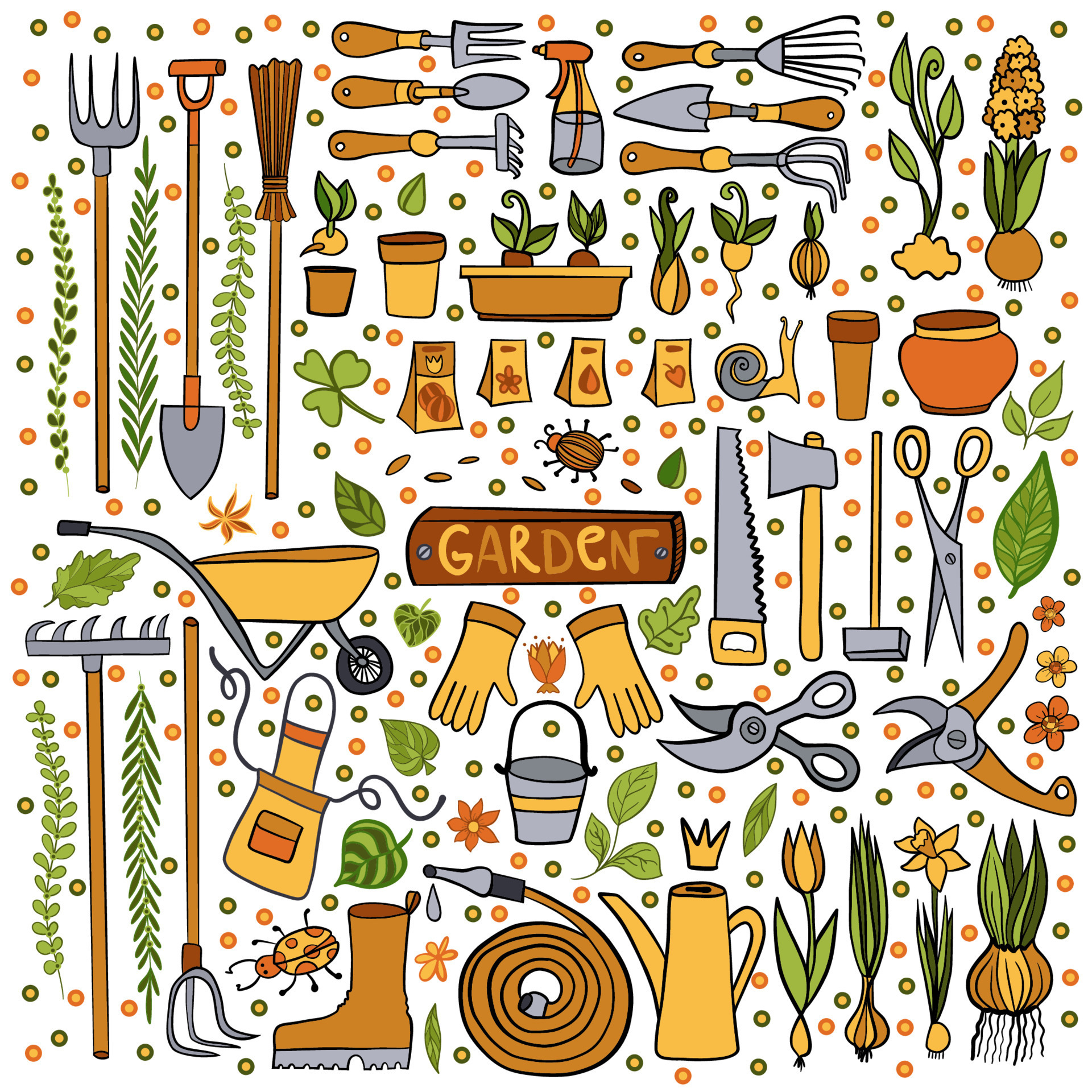 Cartoon gardening pattern. Garden tools icon or pictogram. Garden