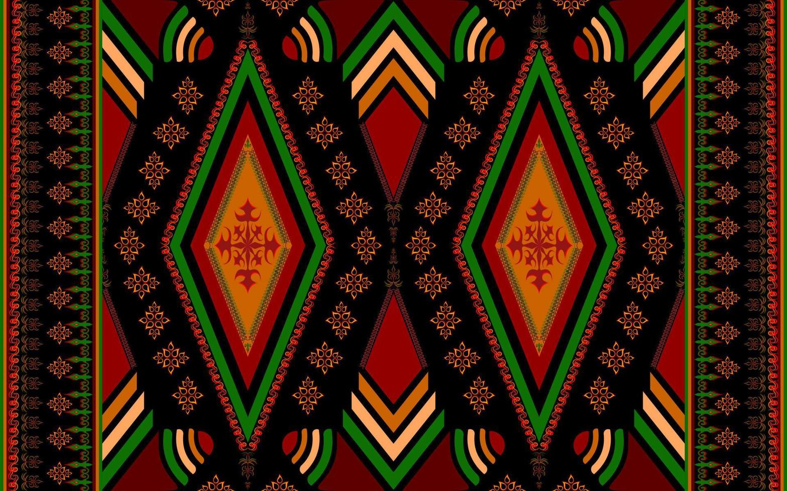 Ethnic folk geometric seamless pattern in regge style with red, green and yellow tone in vector illustration design for fabric, mat, carpet, scarf, wrapping paper, tile and more