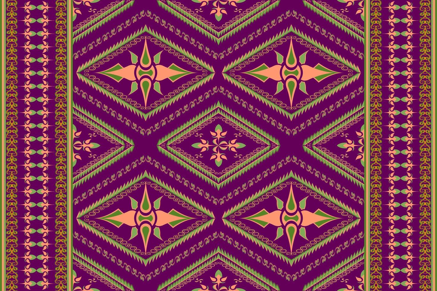 Ethnic folk geometric seamless pattern in violet, orange and green tone in vector illustration design for fabric, mat, carpet, scarf, wrapping paper, tile and more