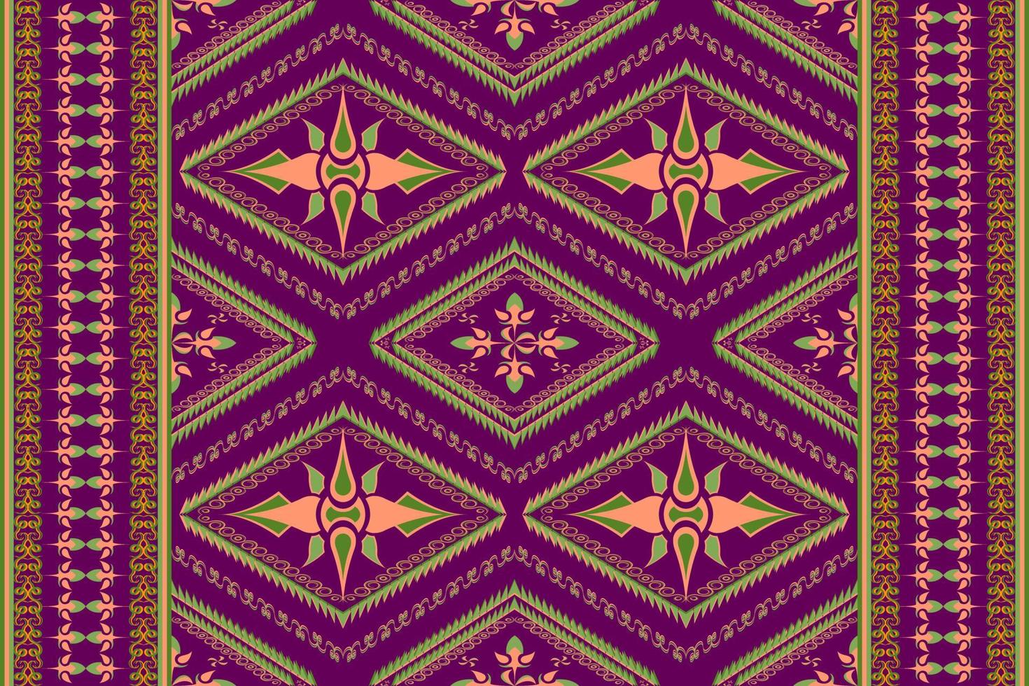 Ethnic folk geometric seamless pattern in violet, orange and green tone in vector illustration design for fabric, mat, carpet, scarf, wrapping paper, tile and more