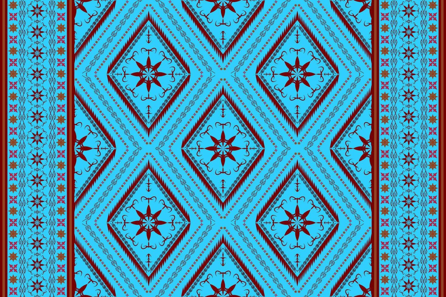 Ethnic folk geometric seamless pattern in cyan and red tone in vector illustration design for fabric, mat, carpet, scarf, wrapping paper, tile and more