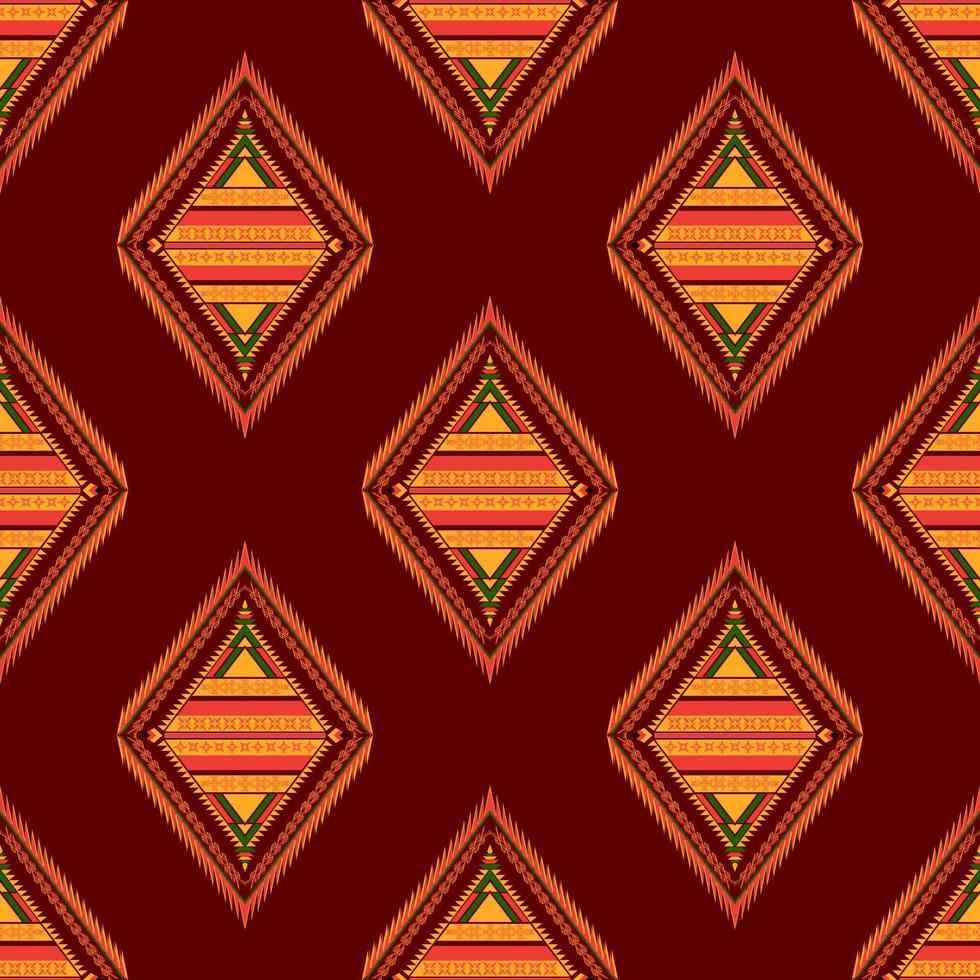 Ethnic folk geometric seamless pattern in red, orange and yellow tone in vector illustration design for fabric, mat, carpet, scarf, wrapping paper, tile and more