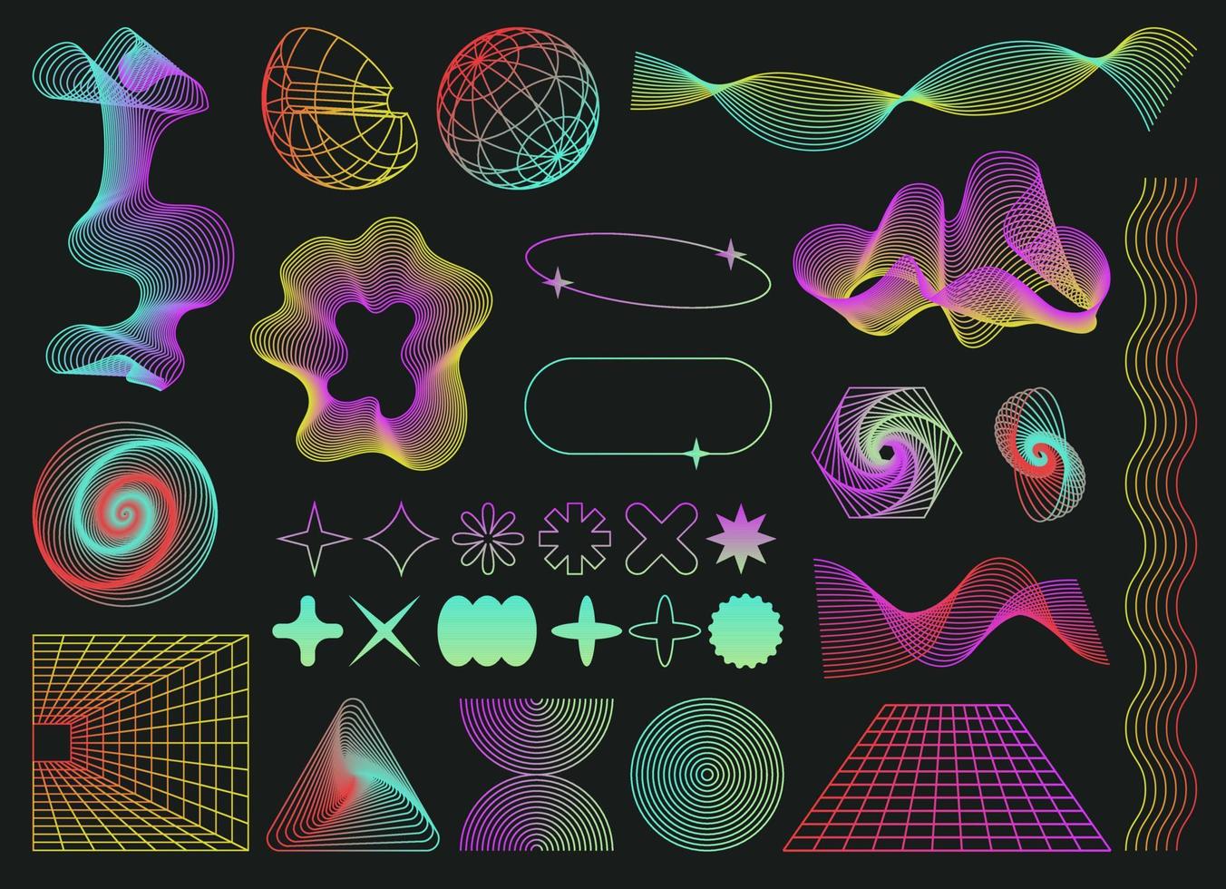 Set of Abstract geometric shapes trending futuristic line design elements, infographic shapes. Modern trendy retro futurism digital vaporwave. Retrofuturistic Vector illustration for UI and UX