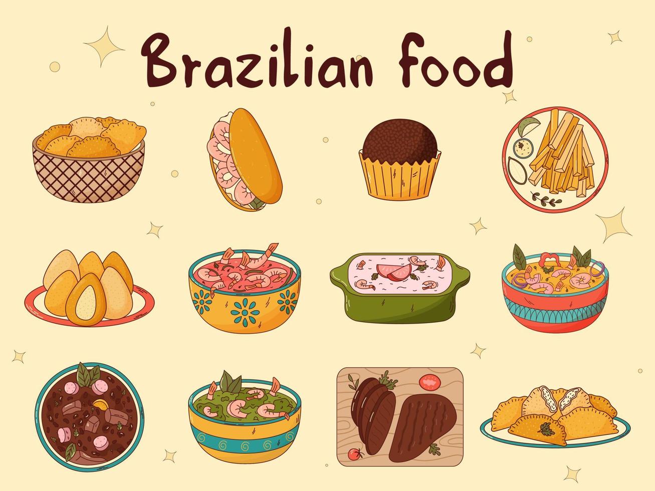 Set of Brazilian traditional food. Vector illustration in hand drawn style