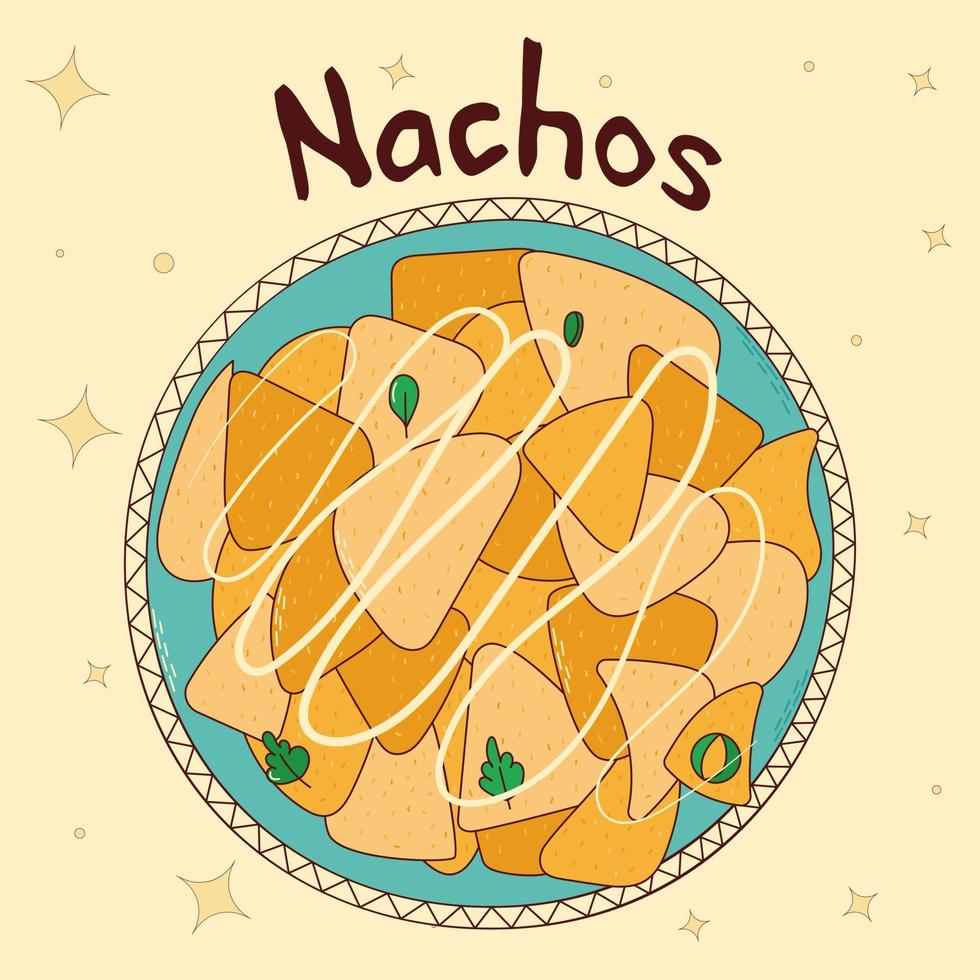 Mexican traditional food. Nachos. Vector illustration in hand drawn style