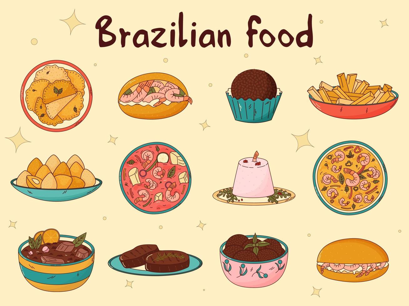 Set of Brazilian traditional food. Vector illustration in hand drawn style