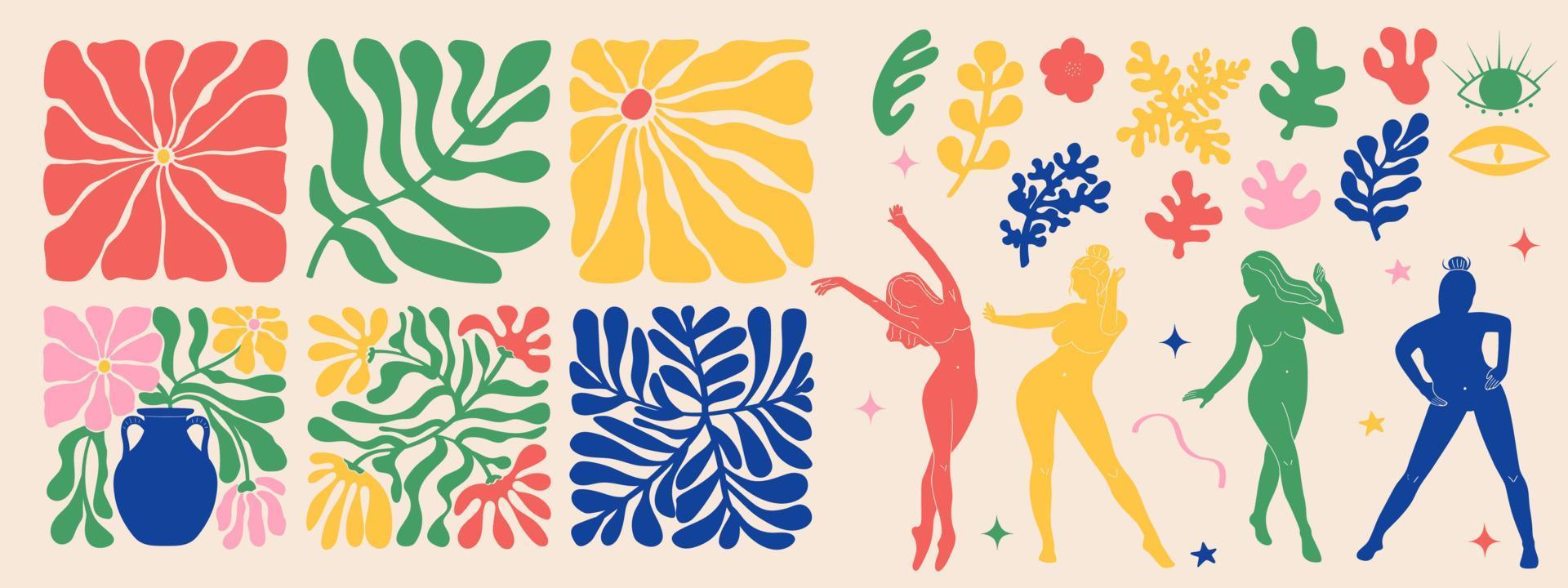 maravilloso garabatear y resumen Arte póster colocar. matisse aleatorio orgánico formas y hembra siluetas en de moda retro 60s 70s estilo. vector