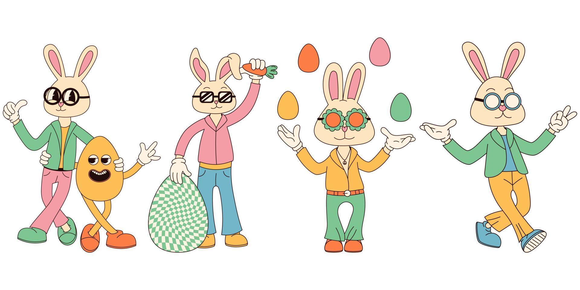 Groovy hippie Happy Easter characters. Set of Easter bunnies in trendy retro 60s 70s cartoon style. vector