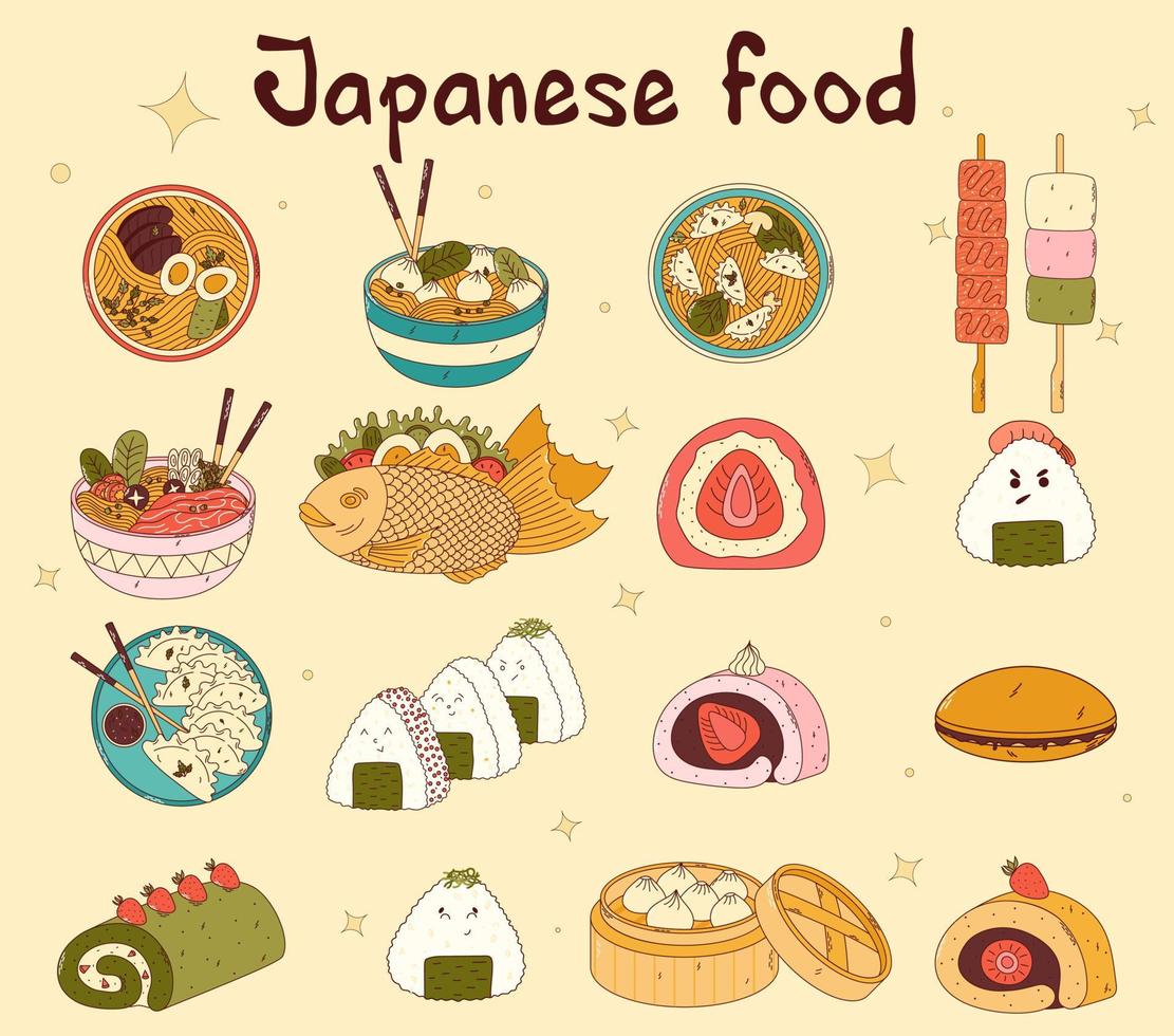 Traditional Japanese food. Asian yakitori skewers, ramen, dumplings, taiyaki, matcha cake roll, shabu shabu, onigiri, wonton, daifuku. Vector illistration