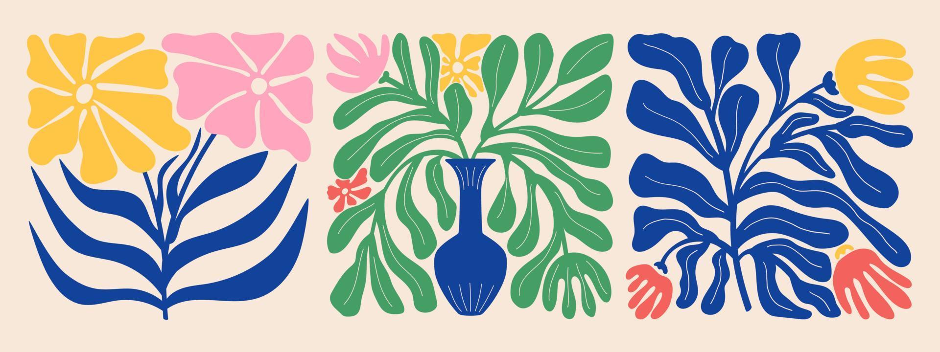 Groovy doodle and abstract organic plant shapes art set. Matisse floral posters in trendy retro 60s 70s style. vector