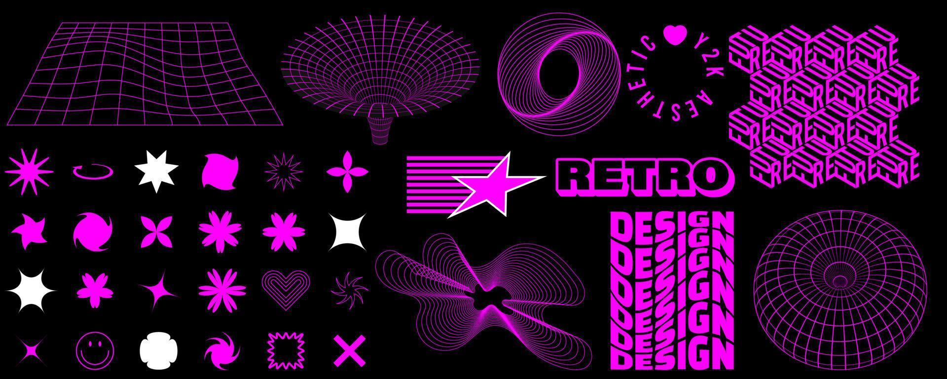 Wireframe 3D shapes in trendy retro cyberpunk 80s 90s style. Y2k