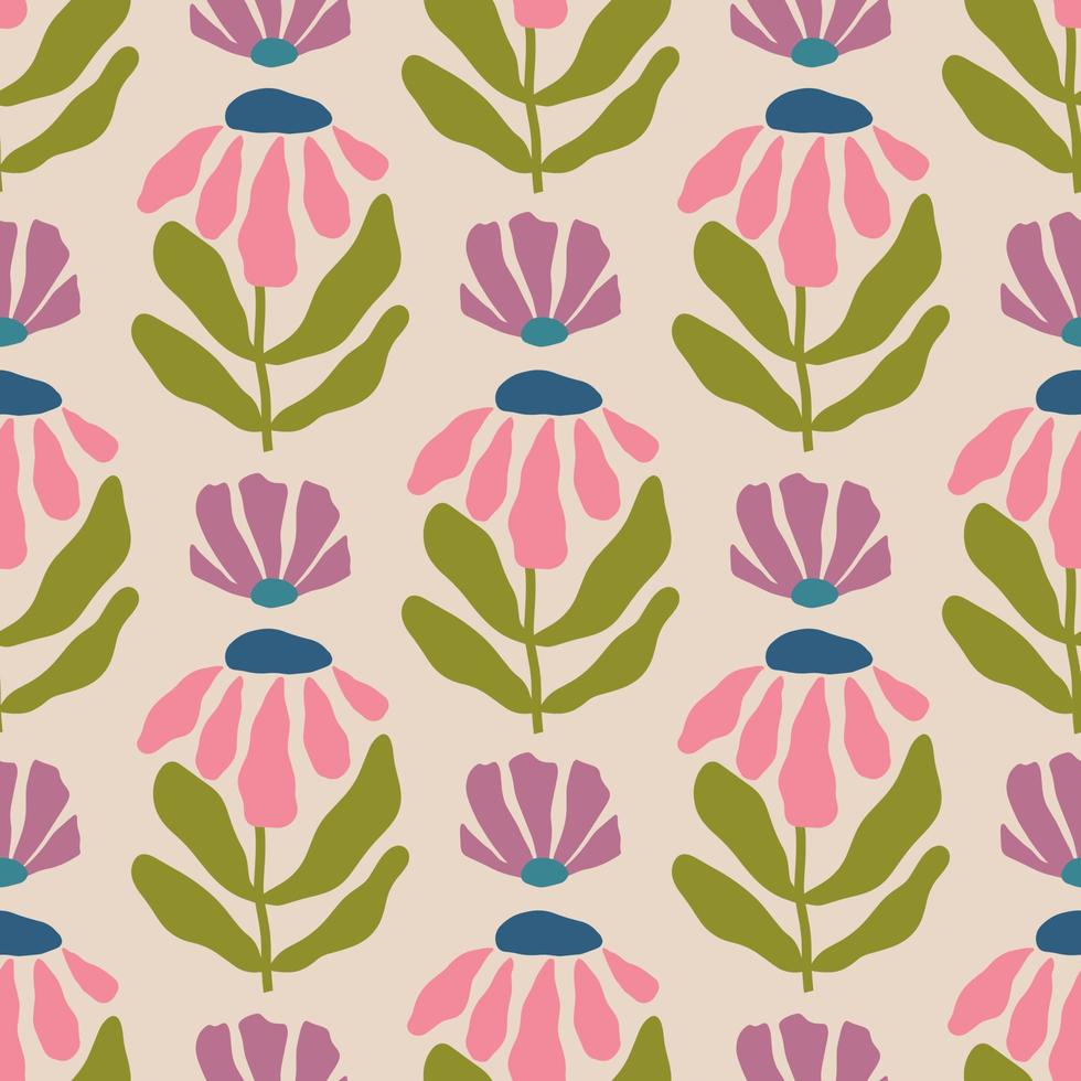 Estética contemporánea imprimible retro groovy flores patrón sin costuras. hippie decorativo ingenuo de los años 60, fondo boho vintage estilo años 70 en estilo minimalista para tela, papel tapiz o envoltura vector