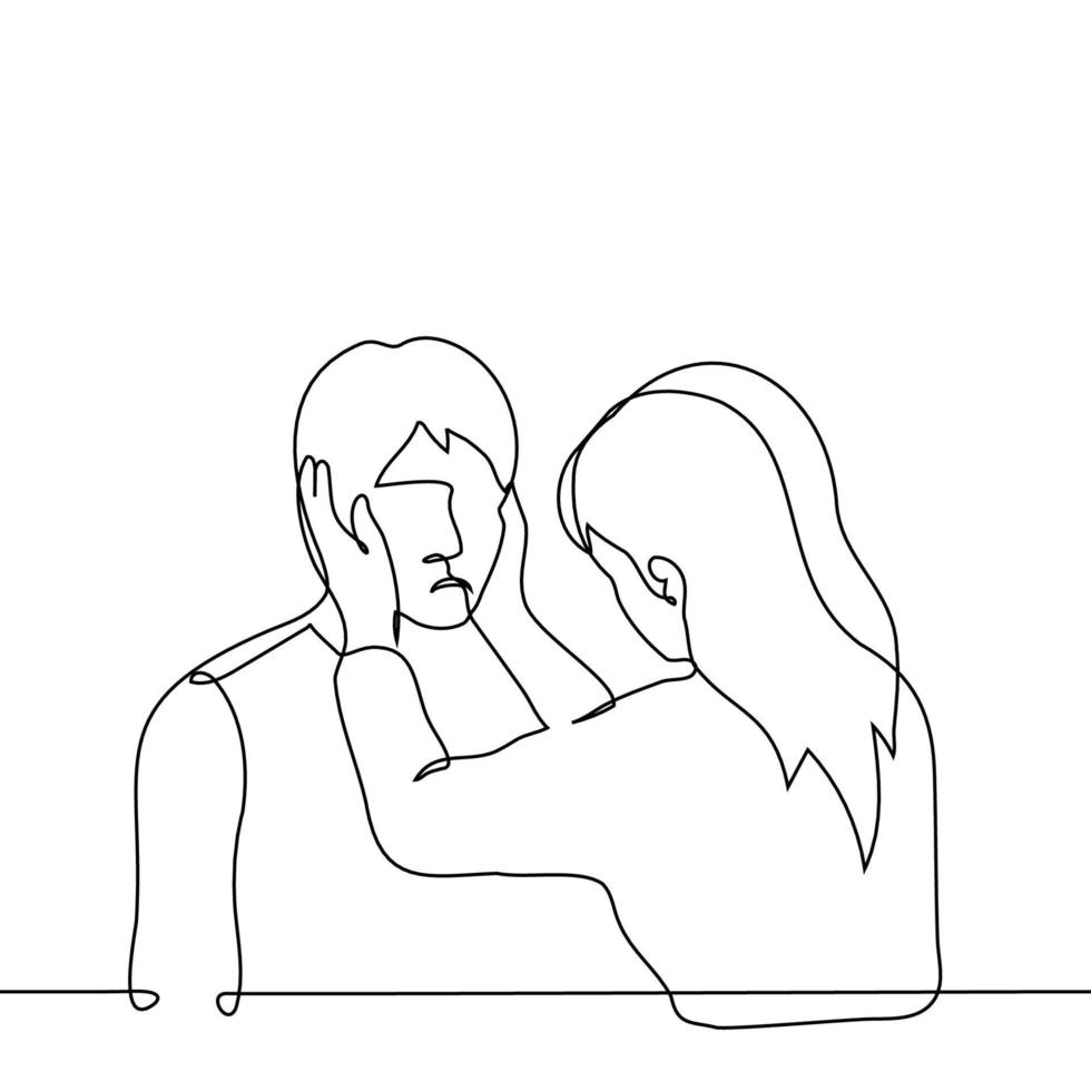 woman holding upset man by cheeks - one line drawing vector