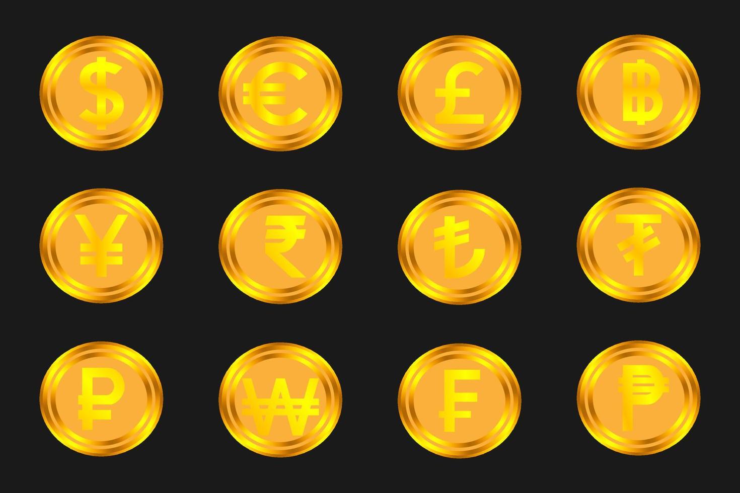 set of gold coins icons of various world currencies vector