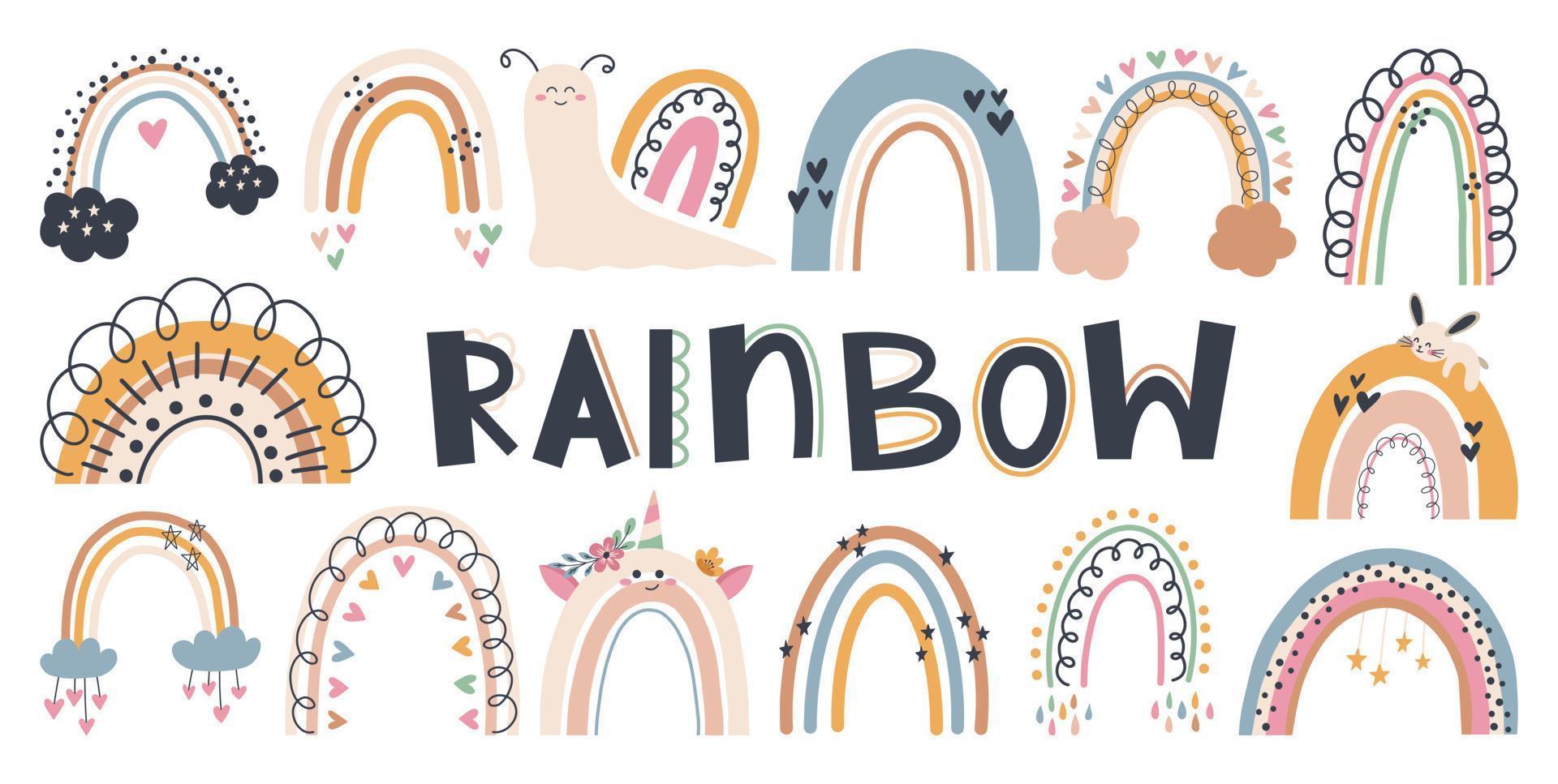 Set of cute hand draw rainbow, sun, cloud, star, weather in boho style. Cartoon doodle clipart elements for nursery. Design for shower invitation card, birthday, children's party, book cover, poster vector
