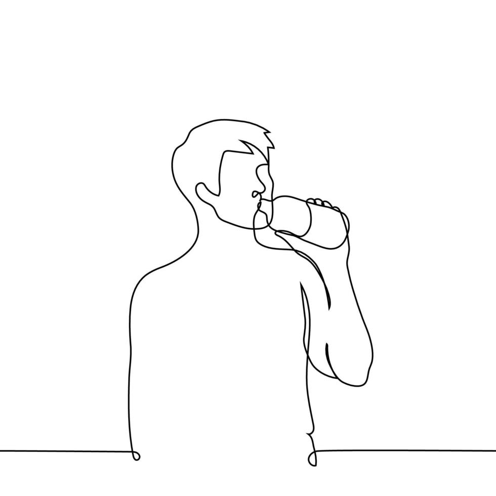 man stands and drinks from a bottle from his throat - one line drawing vector. concept to quench your thirst vector