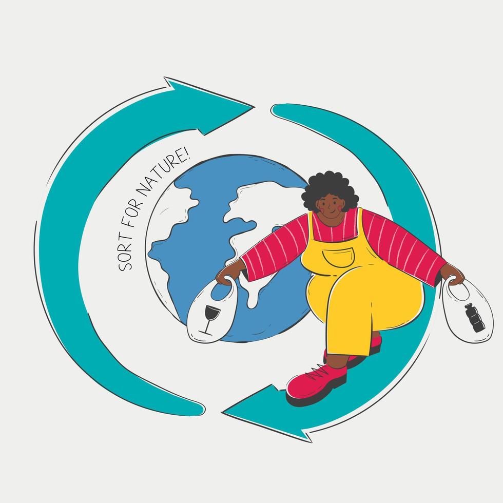 Woman Riding on Recycling Logo with Tote Bag, Circumnavigating the Planet carries bags of glass and plastic for recycling vector