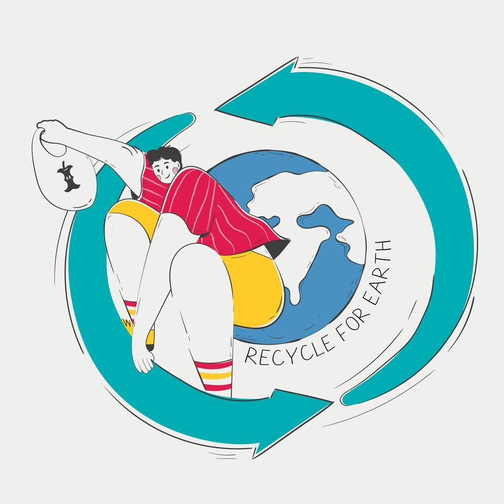 Man Gliding on Recycling Symbol, Journeying Across the Globe carries a bag of leftover food for recycling vector