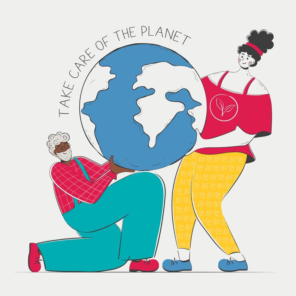 African American senior man and young woman holding the earth together. Lettering take care of the planet vector