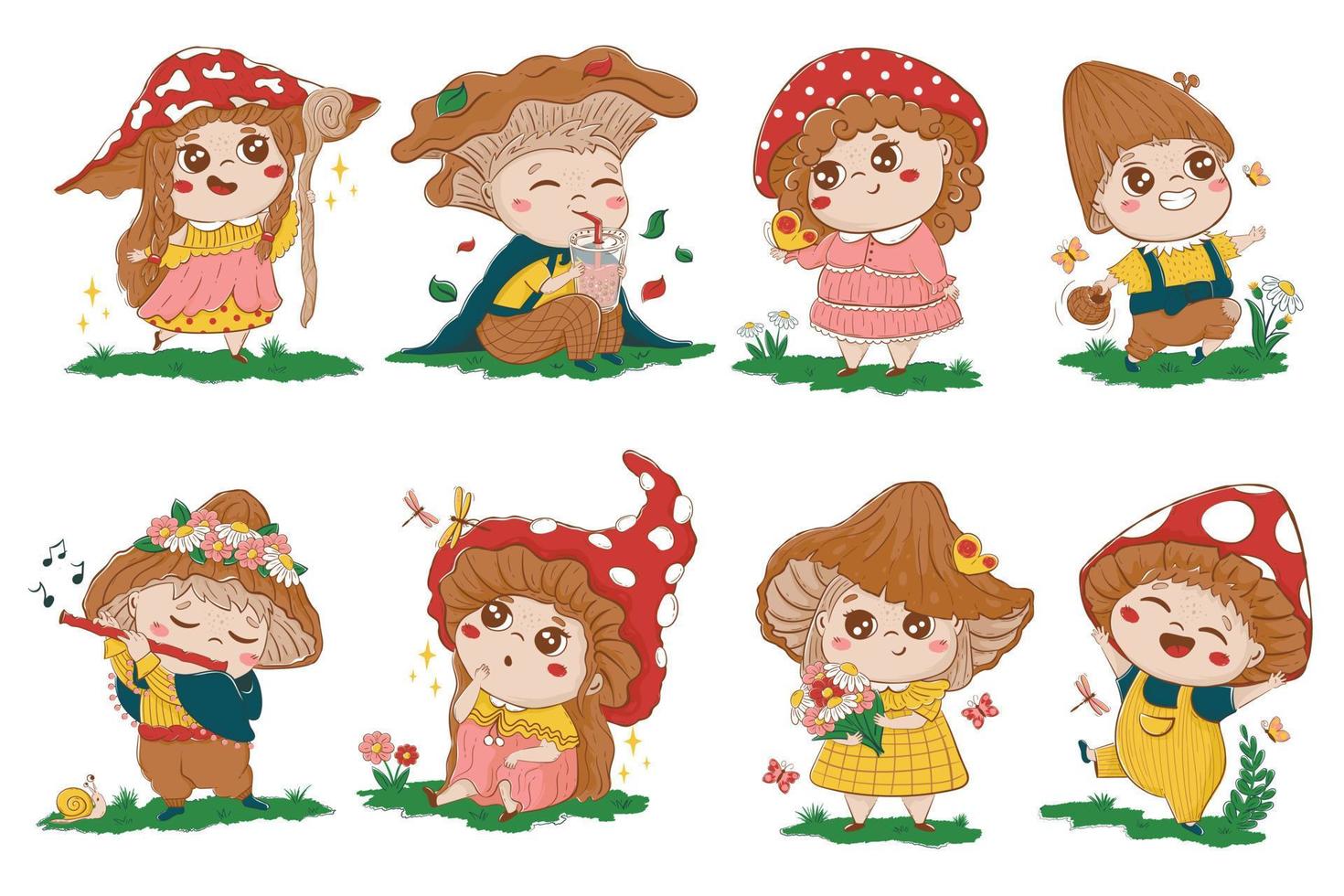 Collection of funny fairy tale characters of children with mushroom hats in cartoon doodle style. Clipart for decoration of children's goods, stationery, nursery vector