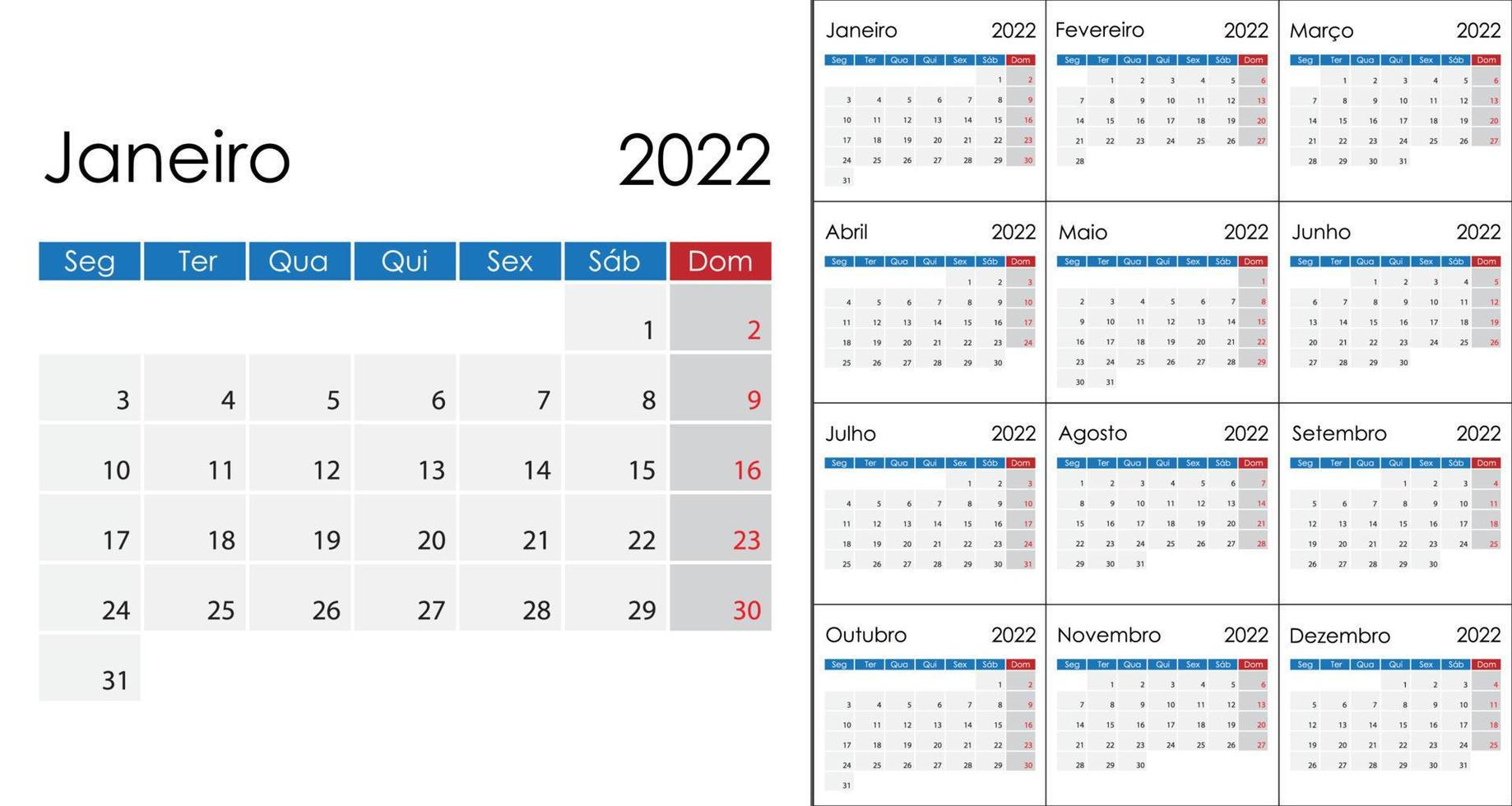 Simple Calendar 2022 on Portuguese language, week start on Monda vector