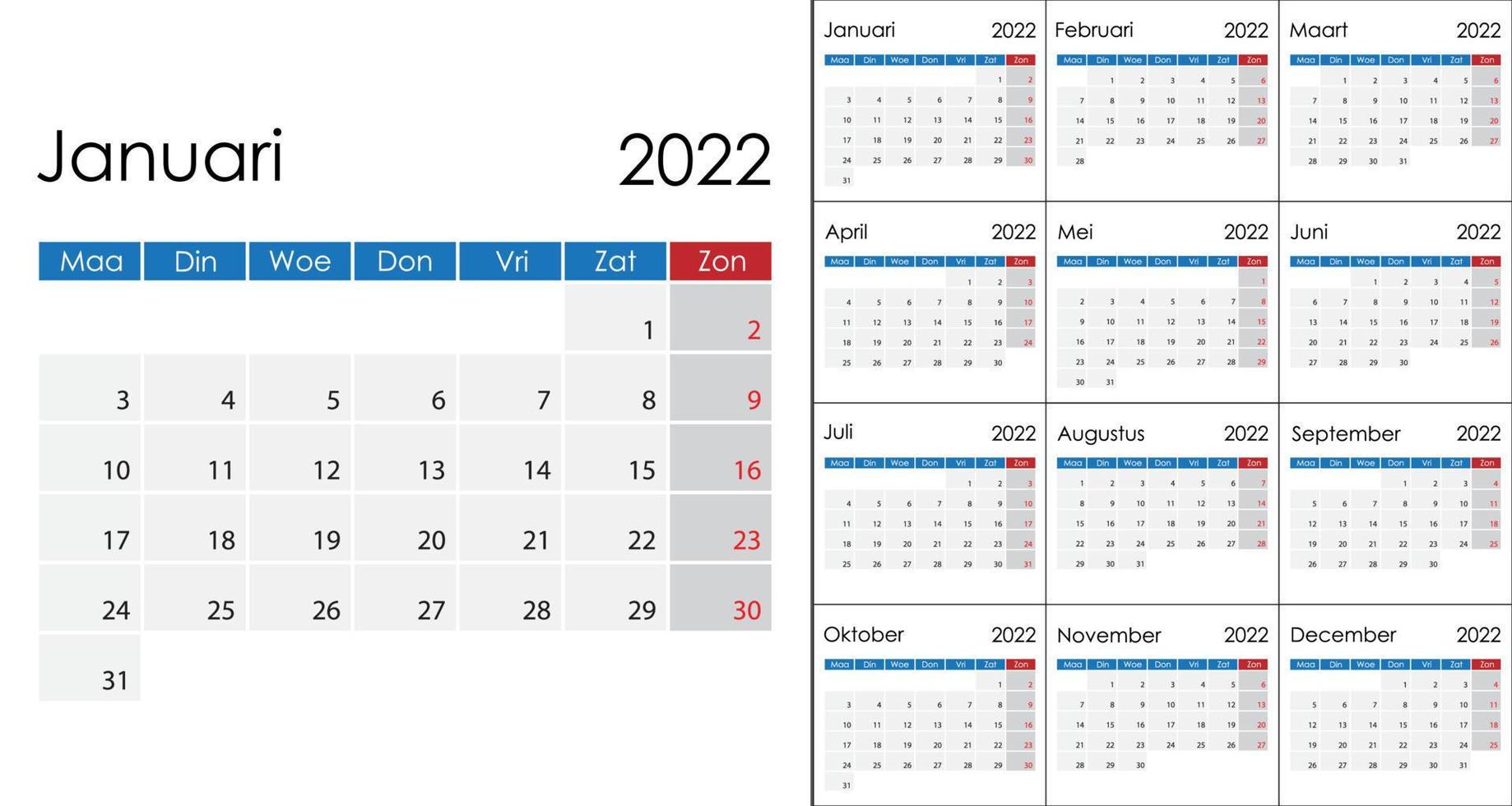 sencillo calendario 2022 en holandés idioma, semana comienzo en lunes. vector