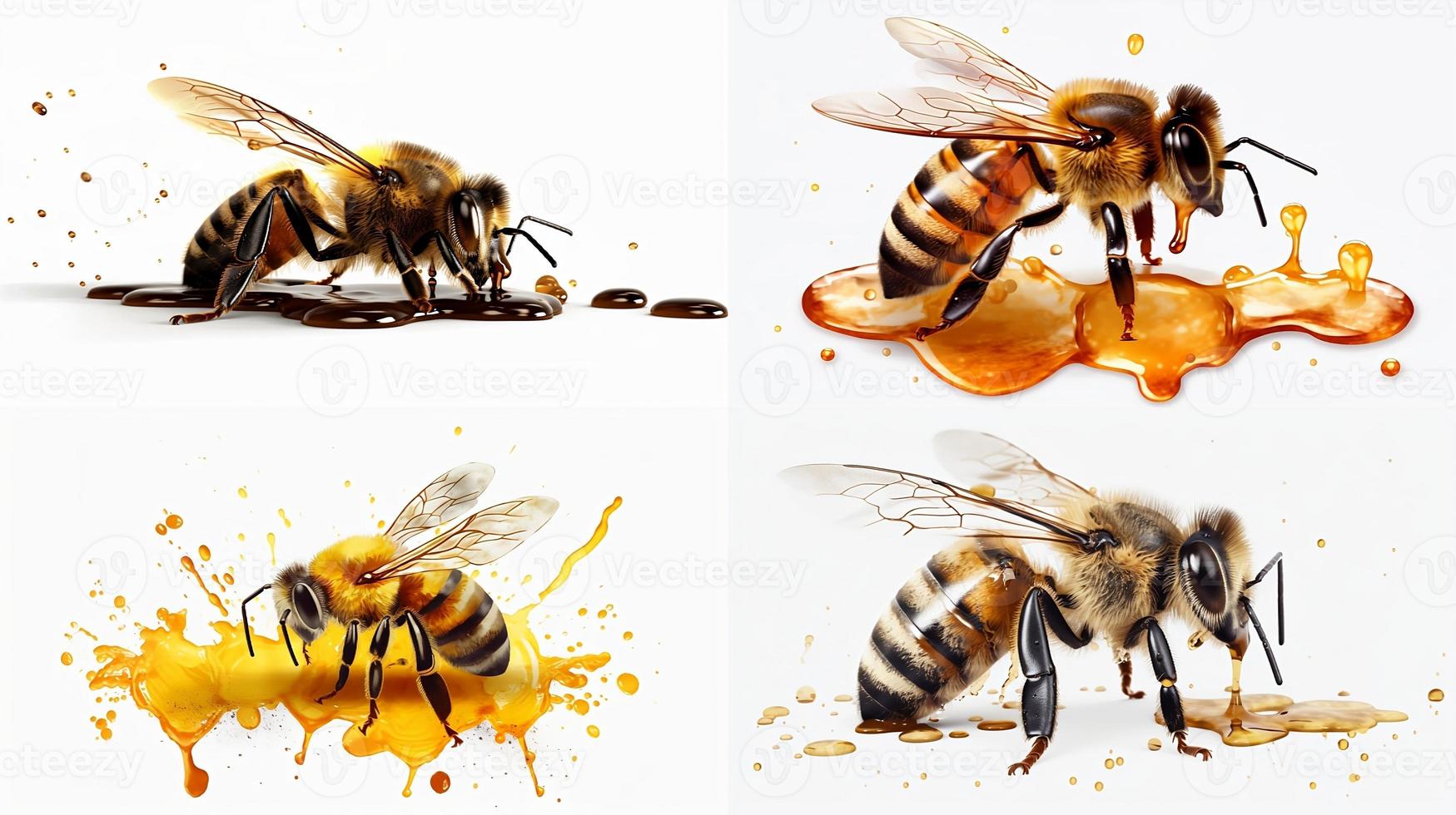 Honey bee above honey - Detail of bee or honeybee, AI generative, photo