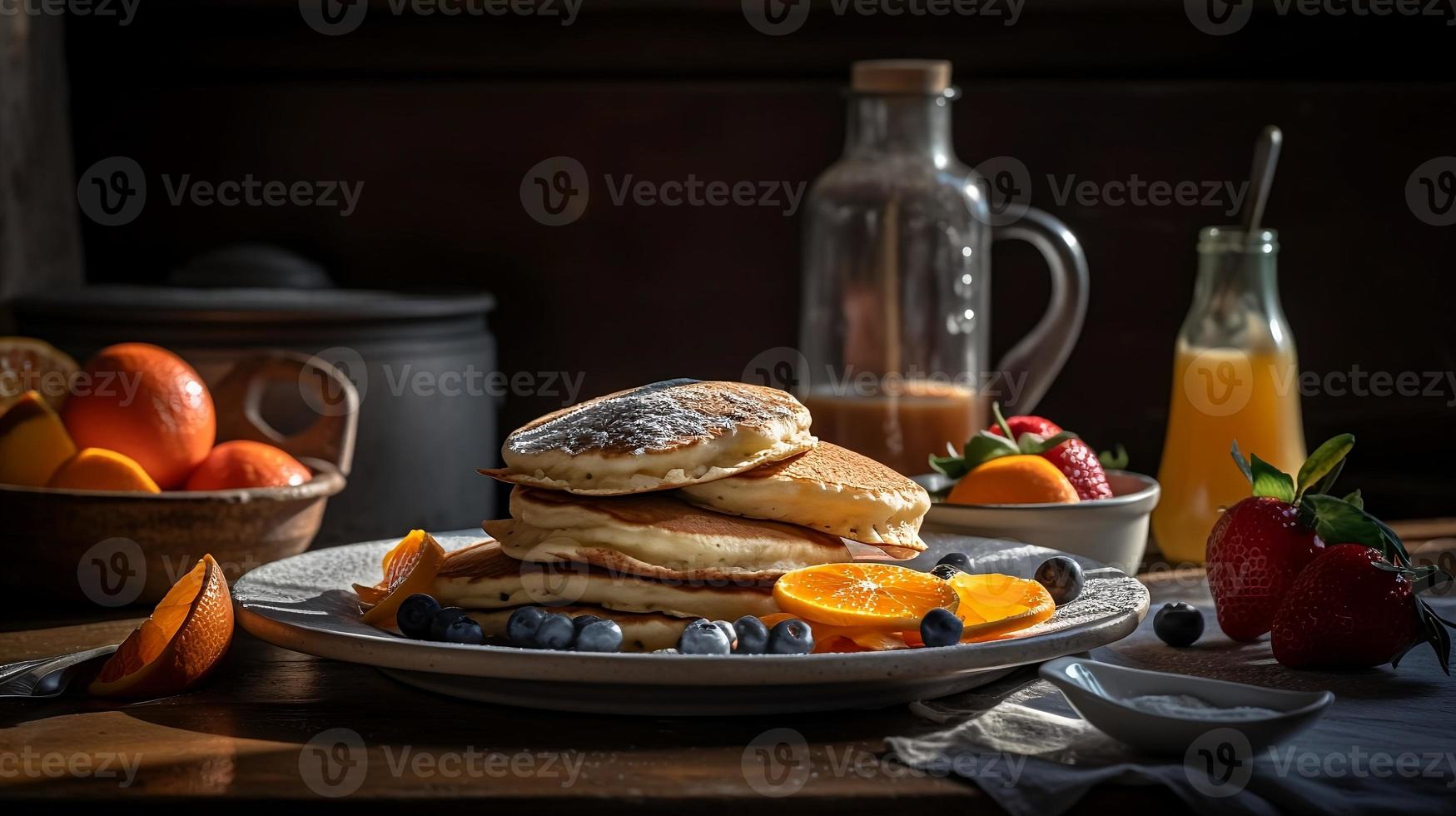 Close up of a plate with pancakes topped with powdered sugar blueberries and strawberries on top of a table plus a basket with oranges. Generative AI, photo