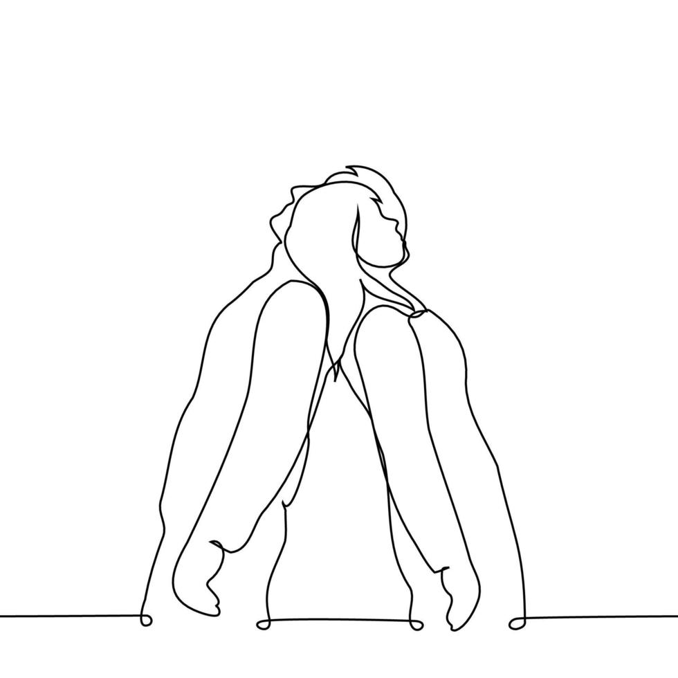 woman and a man standing with their backs to each other, leaning their heads on each other and looking up - one line drawing vector. concept lean on each other vector